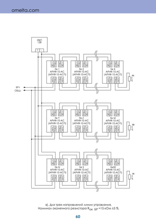 60
СВЕТОУКАЗАТЕЛИ
в). Для трех направлений линии управления.
Номинал оконечного резистора Rок БР =15 кОм ±5 %.
+12
-10-
( -10- )
+12
+12
2
-10-
( -10- )
+12
+12
1
-10-
( -10- )
+12
+
-
+ -
12
+12
M
-10-
( -10- )
+12
+12
Z
-10-
( -10- )
+12
+12
Y
-10-
( -10- )
+12
+12
50
-10-
( -10- )
+12
+12
S
-10-
( -10- )
+12
+12
N
-10-
( -10- )
+12
omelta.com
 