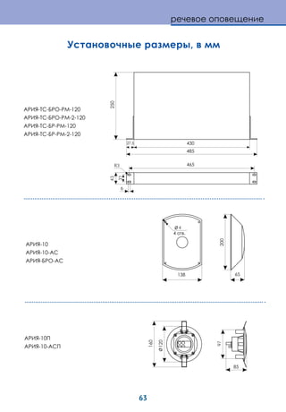 63
АРИЯ-10П
АРИЯ-10-АСП
85
160
97
120
200
АРИЯ-10
АРИЯ-10-АС
АРИЯ-БРО-АС
138
4
4 отв.
65
Установочные размеры, в мм
430
485
465
6
31
43250
R3
АРИЯ-ТС-БРО-РМ-120
АРИЯ-ТС-БРО-РМ-2-120
АРИЯ-ТС-БР-РМ-120
АРИЯ-ТС-БР-РМ-2-120
речевое оповещение
 