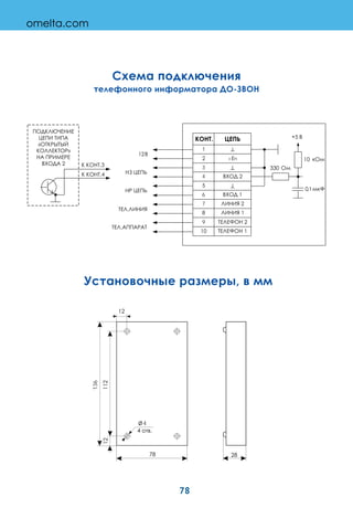 Схема подключения
телефонного информатора ДО-ЗВОН
6
5
4
3
2
1
1
2
1
2
1
2
.
7
8
9
10
+
12
.
.
330
10
0,1
+5
.4
.3
«
»
2
Установочные размеры, в мм
78
4
4 отв.
112
12
136
12
28
78
omelta.com
 