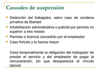 Causales de suspensión
 Detención del trabajador, salvo caso de condena
privativa de libertad
 Inhabilitación administrativa o judicial por período no
superior a tres meses
 Permiso o licencia concedido por el empleador
 Caso fortuito y la fuerza mayor
Cesa temporalmente la obligación del trabajador de
prestar el servicio y del empleador de pagar la
remuneración, sin que desaparezca el vínculo
laboral
 