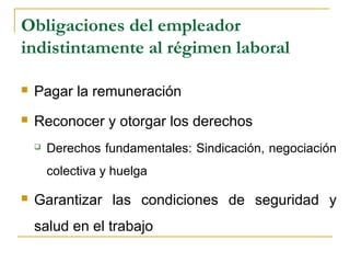 Obligaciones del empleador
indistintamente al régimen laboral
 Pagar la remuneración
 Reconocer y otorgar los derechos
 Derechos fundamentales: Sindicación, negociación
colectiva y huelga
 Garantizar las condiciones de seguridad y
salud en el trabajo
 