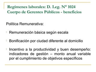 Regímenes laborales: D. Leg. N° 1024
Cuerpo de Gerentes Públicos - beneficios
Política Remunerativa:
 Remuneración básica según escala
 Bonificación por ciudad diferente al domicilio
 Incentivo a la productividad y buen desempeño:
indicadores de gestión – monto anual variable
por el cumplimiento de objetivos específicos
 