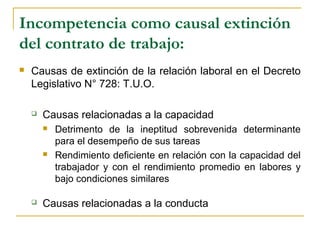 Incompetencia como causal extinción
del contrato de trabajo:
 Causas de extinción de la relación laboral en el Decreto
Legislativo N° 728: T.U.O.
 Causas relacionadas a la capacidad
 Detrimento de la ineptitud sobrevenida determinante
para el desempeño de sus tareas
 Rendimiento deficiente en relación con la capacidad del
trabajador y con el rendimiento promedio en labores y
bajo condiciones similares
 Causas relacionadas a la conducta
 