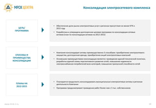 Консолидация электросетевого комплекса



                      • Обеспечение доли рынка электросетевых услуг в регионах присутствия не менее 97% к
           ЦЕЛЬ/        2015 году
         ПРОГРАММА
                      • Разработана и утверждена долгосрочная целевая программа по консолидации сетевых
                        активов (план по консолидации активов на 2012-2015)




                      •   Компания консолидирует активы преимущественно 3 способами: приобретение электросетевого
         СПОСОБЫ И        имущества, долгосрочная аренда, приобретение акций электросетевых компаний
       ПРЕИМУЩЕСТВА   •   Основными преимуществами консолидации являются: проведение единой технической политики,
       КОНСОЛИДАЦИИ       разработка единой схемы перспективного развития сетей, повышение надежности
                          электроснабжения потребителей всех категорий, повышение пропускной способности сетей




                      •   Планируется продолжить консолидировать муниципальные электросетевые активы в регионах
          ПЛАНЫ НА        деятельности Компании
          2012-2015
                      •   Программа предусматривает проведение работ более чем с 5 тыс. собственников




www.mrsk-1.ru                                                                                                       14
 