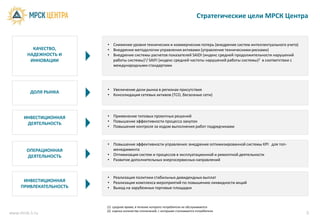 Стратегические цели МРСК Центра


                         • Снижение уровня технических и коммерческих потерь (внедрение систем интеллектуального учета)
          КАЧЕСТВО,      • Внедрение методологии управления активами (управление техническими рисками)
        НАДЕЖНОСТЬ И     • Внедрение системы расчетов показателей SAIDI (индекс средней продолжительности нарушений
         ИННОВАЦИИ         работы системы)1/ SAIFI (индекс средней частоты нарушений работы системы)2 в соответствии с
                           международными стандартами




                         • Увеличение доли рынка в регионах присутствия
         ДОЛЯ РЫНКА
                         • Консолидация сетевых активов (ТСО, бесхозные сети)




      ИНВЕСТИЦИОННАЯ     • Применение типовых проектных решений
                         • Повышение эффективности процесса закупок
       ДЕЯТЕЛЬНОСТЬ
                         • Повышение контроля за ходом выполнения работ подрядчиками



                         • Повышение эффективности управления: внедрение оптимизированной системы KPI для топ-
       ОПЕРАЦИОННАЯ        менеджмента
       ДЕЯТЕЛЬНОСТЬ      • Оптимизация систем и процессов в эксплуатационной и ремонтной деятельности
                         • Развитие дополнительных энергосервисных направлений



                         • Реализация политики стабильных дивидендных выплат
      ИНВЕСТИЦИОННАЯ     • Реализация комплекса мероприятий по повышению ликвидности акций
     ПРИВЛЕКАТЕЛЬНОСТЬ   • Выход на зарубежных торговые площадки



                         (1) среднее время, в течение которого потребители не обслуживаются
                         (2) оценка количества отключений, с которыми сталкиваются потребители
www.mrsk-1.ru                                                                                                             5
 