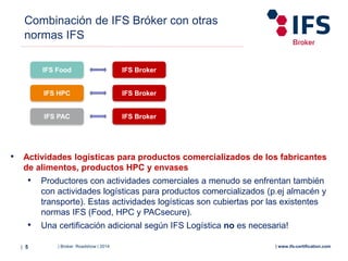 | Broker Roadshow | 2014| 5 | www.ifs-certification.com
IFS Food IFS Broker
• Actividades logísticas para productos comercializados de los fabricantes
de alimentos, productos HPC y envases
• Productores con actividades comerciales a menudo se enfrentan también
con actividades logísticas para productos comercializados (p.ej almacén y
transporte). Estas actividades logísticas son cubiertas por las existentes
normas IFS (Food, HPC y PACsecure).
• Una certificación adicional según IFS Logística no es necesaria!
IFS HPC IFS Broker
IFS BrokerIFS PAC
Combinación de IFS Bróker con otras
normas IFS
 