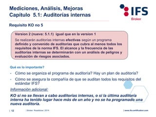 | Broker Roadshow | 2014| 12 | www.ifs-certification.com
Mediciones, Análisis, Mejoras
Capítulo 5.1: Auditorías internas
Requisito KO no 5
Qué es lo importante?
Version 2 (nueva: 5.1.1) igual que en la version 1
Se realizarán auditorías internas efectivas según un programa
definido y convenido de auditorías que cubra al menos todos los
requisitos de la norma IFS. El alcance y la frecuencia de las
auditorías internas se determinarán con un análisis de peligros y
evaluación de riesgos asociados.
• Cómo se organiza el programa de auditoría? Hay un plan de auditoría?
• Cómo se asegura la compañía de que se auditan todos los requisitos del
estándar IFS?
Información adicional:
KO si no se llevan a cabo auditorías internas, o si la última auditoría
interna ha tenido lugar hace más de un año y no se ha programado una
nueva auditoría.
 
