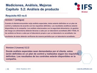 | Broker Roadshow | 2014| 13 | www.ifs-certification.com
Mediciones, Análisis, Mejoras
Capítulo 5.2: Análisis de producto
Requisito KO no.6
version 1 (antigua)
Cuando el cliente/consumidor exija análisis especiales, éstos estarán definidos en un plan de
control y realizarse de acuerdo con los requisitos definidos. Los resultados analíticos estarán
disponibles en la compañía. Los análisis relacionados con la seguridad alimentaria o la gestión
del riesgo (no alimentario) deberán llevarse a cabo por un laboratorio acreditado (ISO 17025). Si
los análisis se llevan a cabo por el laboratorio propio o por un laboratorio no acreditado, los
resultados de éstos deberán verificarse de manera periódica por un laboratorio acreditado..
Version 2 (nueva) 5.2.2
Donde análisis especiales sean demandados por el cliente, estos
serán definidos en un plan de control y realizados según los requisitos
definidos. Los resultados de los controles estarán disponibles en la
compañía.
 
