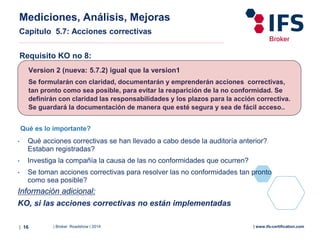 | Broker Roadshow | 2014| 16 | www.ifs-certification.com
Mediciones, Análisis, Mejoras
Capítulo 5.7: Acciones correctivas
Requisito KO no 8:
Version 2 (nueva: 5.7.2) igual que la version1
Se formularán con claridad, documentarán y emprenderán acciones correctivas,
tan pronto como sea posible, para evitar la reaparición de la no conformidad. Se
definirán con claridad las responsabilidades y los plazos para la acción correctiva.
Se guardará la documentación de manera que esté segura y sea de fácil acceso..
Qué es lo importante?
• Qué acciones correctivas se han llevado a cabo desde la auditoría anterior?
Estaban registradas?
• Investiga la compañía la causa de las no conformidades que ocurren?
• Se toman acciones correctivas para resolver las no conformidades tan pronto
como sea posible?
Información adicional:
KO, si las acciones correctivas no están implementadas
 