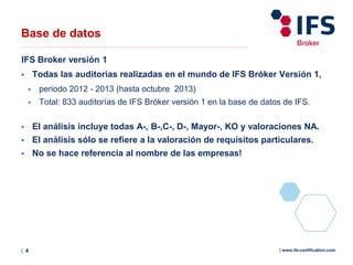 | 4 | www.ifs-certification.com
Base de datos
IFS Broker versión 1
 Todas las auditorías realizadas en el mundo de IFS Bróker Versión 1,
 periodo 2012 - 2013 (hasta octubre 2013)
 Total: 833 auditorías de IFS Bróker versión 1 en la base de datos de IFS.
 El análisis incluye todas A-, B-,C-, D-, Mayor-, KO y valoraciones NA.
 El análisis sólo se refiere a la valoración de requisitos particulares.
 No se hace referencia al nombre de las empresas!
 