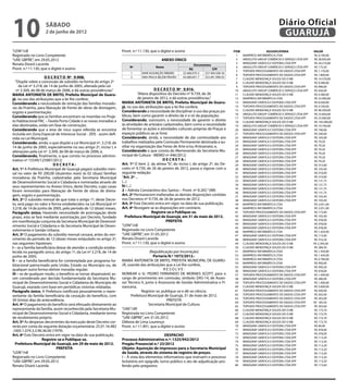 10                   sábado
                     2 de junho de 2012
                                                                                                                                                                         Diário Oficial
                                                                                                                                                                          GUARUJÁ
“LEIN”/rdl                                                           Pront. n.º 11.130, que o digitei e assino                             ITEM                 ADJUDICATÁRIA                  VALOR
Registrado no Livro Competente                                                                                                               1    MARPRESS INFORMÁTICA LTDA                    R$ 4.190,00
“UAE GBPRE”, em 29.05.2012                                                                    ANEXO ÚNICO                                    2    ABSOLUTO GROUP COMÉRCIO E SERVIÇO LTDA EPP   R$ 28.850,00
Renata Disaró Lacerda                                                                                                                        3    WINDGRAF GRÁFICA E EDITORA LTDA EPP          R$ 24.210,00
                                                                                                                    Documentos
                                                                          Nº               Nome                                              4    ABSOLUTO GROUP COMÉRCIO E SERVIÇO LTDA EPP   R$ 175,50
Pront. n.º 11.130, que o digitei e assino                                                                        RG            CPF
                                                                                                                                             5    TOPDATA PROCESSAMENTO DE DADOS LTDA EPP      R$ 1.170,00
                                                                          1       NAIR ASSUNÇÃO RIBEIRO     32.468.070-3  257.494.508-56
                                                                                                                                             6    TOPDATA PROCESSAMENTO DE DADOS LTDA EPP      R$ 1.800,00
                      D E C R E T O Nº 9.908.                             2       ANA PAULA BELÉM PAIXÃO    43.080.691-7  353.491.998-03
                                                                                                                                             7    CLAUDIO MENDONÇA SOUZA DO O ME               R$ 14.370,00
  “Dispõe sobre a concessão de subsídio na forma do artigo 2º                                                                                8    CLAUDIO MENDONÇA SOUZA DO O ME               R$ 9.580,00
     da Lei nº 3.218, de 14 de junho de 2005, alterada pela Lei                                                                              9    TOPDATA PROCESSAMENTO DE DADOS LTDA EPP      R$ 990,00
   nº 3.309, de 08 de março de 2006, e dá outras providências.”                            D E C R E T O Nº 9.916.                           10   ABSOLUTO GROUP COMÉRCIO E SERVIÇO LTDA EPP   R$ 456,00
MARIA ANTONIETA DE BRITO, Prefeita Municipal de Guaru-                          “Altera dispositivo do Decreto nº 9.739, de 26               11   CLAUDIO MENDONÇA SOUZA DO O ME               R$ 4.580,00
já, no uso das atribuições que a lei lhe confere;                               de janeiro de 2012, e dá outras providências.”               12   MARPRESS INFORMÁTICA LTDA                    R$ 22.900,00
Considerando a necessidade de remoção das famílias morado-           MARIA ANTONIETA DE BRITO, Prefeita Municipal de Guaru-                  13   WINDGRAF GRÁFICA E EDITORA LTDA EPP          R$ 8.500,00
ras da Prainha, para liberação de frente de obras de drenagem,       já, no uso das atribuições que a lei lhe confere;                       14   TOPDATA PROCESSAMENTO DE DADOS LTDA EPP      R$ 4.740,00
                                                                     Considerando a necessidade de disciplinar o uso das praças pú-          15   CLAUDIO MENDONÇA SOUZA DO O ME               R$ 40.500,00
esgoto e pavimentação;                                                                                                                       16   ABSOLUTO GROUP COMÉRCIO E SERVIÇO LTDA EPP   R$ 23.850,00
Considerando que as famílias encontram-se inseridas no Proje-        blicas, bem como garantir o direito de ir e vir da população;
                                                                                                                                             17   TOPDATA PROCESSAMENTO DE DADOS LTDA EPP      R$ 23.900,00
to Habitacional PAC – Favela Porto Cidade e as novas moradias a      Considerando, outrossim, a necessidade de garantir o direito            18   CLAUDIO MENDONÇA SOUZA DO O ME               R$ 105.000,00
elas destinadas, estão em fase de construção;                        às atividades de artesãos cadastrados, bem como a necessidade           19   ABSOLUTO GROUP COMÉRCIO E SERVIÇO LTDA EPP   R$ 19.740,00
Considerando que a área de risco supra referida se encontra          de fomentar as ações e atividades culturais próprias de Praças e        20   WINDGRAF GRÁFICA E EDITORA LTDA EPP          R$ 740,00
incluída em Zona Especial de Interesse Social - ZEIS - assim defi-   espaços públicos ao ar livre;                                           21   TOPDATA PROCESSAMENTO DE DADOS LTDA EPP      R$ 240,00
nida na Lei Municipal;                                               Considerando, ainda, a necessidade de dar continuidade aos              22   WINDGRAF GRÁFICA E EDITORA LTDA EPP          R$ 105,00
Considerando, ainda, o que dispõe a Lei Municipal nº. 3.218, de      trabalhos realizados pela Comissão Permanente destinada a au-           23   WINDGRAF GRÁFICA E EDITORA LTDA EPP          R$ 79,20
                                                                     xiliar na organização das Feiras de Arte e/ou Artesanato; e,            24   WINDGRAF GRÁFICA E EDITORA LTDA EPP          R$ 79,20
14 de junho de 2005, especialmente no seu artigo 2º, inciso I, e
                                                                     Considerando o que consta do Memorando da Secretaria Mu-                25   WINDGRAF GRÁFICA E EDITORA LTDA EPP          R$ 79,20
alterações pela Lei nº. 3.309, de 08 de março de 2006; e,                                                                                    26   WINDGRAF GRÁFICA E EDITORA LTDA EPP          R$ 79,20
Considerando, finalmente, o que consta no processo adminis-          nicipal de Cultura - MEMO nº 446/2012;                                  27   WINDGRAF GRÁFICA E EDITORA LTDA EPP          R$ 79,20
trativo nº 15549/125987/2012;                                                                    DECRETA:                                    28   WINDGRAF GRÁFICA E EDITORA LTDA EPP          R$ 79,20
                            DECRETA:                                 Art. 1º O item 2, da alínea “b”, do inciso I, do artigo 2º, do De-      29   WINDGRAF GRÁFICA E EDITORA LTDA EPP          R$ 315,60
Art. 1º A Prefeitura Municipal de Guarujá pagará subsídio men-       creto nº 9.739, de 26 de janeiro de 2012, passa a vigorar com a         30   WINDGRAF GRÁFICA E EDITORA LTDA EPP          R$ 105,40
sal no valor de R$ 200,00 (duzentos reais) às 02 (duas) famílias     seguinte redação:                                                       31   WINDGRAF GRÁFICA E EDITORA LTDA EPP          R$ 210,00
moradoras da Prainha, cadastradas pela Secretaria Municipal          “Art. 2º ...                                                            32   WINDGRAF GRÁFICA E EDITORA LTDA EPP          R$ 210,00
                                                                     (...)                                                                   33   WINDGRAF GRÁFICA E EDITORA LTDA EPP          R$ 131,75
de Desenvolvimento Social e Cidadania e nominadas através de
                                                                     b) (...)                                                                34   WINDGRAF GRÁFICA E EDITORA LTDA EPP          R$ 131,75
seus representantes no Anexo Único, deste Decreto, cujas casas                                                                               35   WINDGRAF GRÁFICA E EDITORA LTDA EPP          R$ 131,75
foram removidas para liberação de frente de obras de drena-          2 – Adinéa Constantino dos Santos – Pront. nº 8.265.” (NR)
                                                                                                                                             36   WINDGRAF GRÁFICA E EDITORA LTDA EPP          R$ 131,75
gem, esgoto e pavimentação.                                          Art. 2º Permanecem inalteradas as demais disposições contidas           37   WINDGRAF GRÁFICA E EDITORA LTDA EPP          R$ 105,40
Art. 2º O subsídio mensal de que trata o artigo 1º, deste Decre-     nos Decretos nº 9.739, de 26 de janeiro de 2012.                        38   WINDGRAF GRÁFICA E EDITORA LTDA EPP          R$ 105,40
to, será pago no valor e forma estabelecidos na Lei Municipal nº     Art. 3º Este Decreto entra em vigor na data de sua publicação.          39   MARPRESS INFORMÁTICA LTDA                    R$ 2.051,00
3.218, de 14 de junho de 2005, pelo período de 12 (doze) meses.      Art. 4º Revogam-se as disposições em contrário.                         40   MARPRESS INFORMÁTICA LTDA                    R$ 2.051,00
Parágrafo único. Havendo necessidade de prorrogação deste                                Registre-se e Publique-se.                          41   TOPDATA PROCESSAMENTO DE DADOS LTDA EPP      R$ 173,40
prazo, esta se fará mediante autorização, por Decreto, fundado          Prefeitura Municipal de Guarujá, em 31 de maio de 2012.              42   WINDGRAF GRÁFICA E EDITORA LTDA EPP          R$ 105,40
                                                                                                   PREFEITA                                  43   WINDGRAF GRÁFICA E EDITORA LTDA EPP          R$ 478,00
em manifestação conjunta da Secretaria Municipal de Desenvol-
                                                                                                                                             44   WINDGRAF GRÁFICA E EDITORA LTDA EPP          R$ 478,00
vimento Social e Cidadania e da Secretaria Municipal de Desen-       “LEIN”/rdl
                                                                                                                                             45   WINDGRAF GRÁFICA E EDITORA LTDA EPP          R$ 478,00
volvimento e Gestão Urbana.                                          Registrado no Livro Competente                                          46   MARPRESS INFORMÁTICA LTDA                    R$ 1.434,00
Art. 3º O pagamento do subsídio mensal cessará, antes do ven-        “UAE GBPRE”, em 31.05.2012                                              47   WINDGRAF GRÁFICA E EDITORA LTDA EPP          R$ 115,60
cimento do período de 12 (doze) meses estipulado no artigo 2º,       Renata Disaró Lacerda                                                   48   WINDGRAF GRÁFICA E EDITORA LTDA EPP          R$ 316,20
nas seguintes hipóteses:                                             Pront. n.º 11.130, que o digitei e assino                               49   CLAUDIO MENDONÇA SOUZA DO O ME               R$ 2.395,00
I – se a família beneficiária deixar de atender a condição estabe-                                                                           50   CLAUDIO MENDONÇA SOUZA DO O ME               R$ 289,50
lecida no parágrafo único, do artigo 1º, da Lei nº 3.218, de 14 de                      (Republicação por Incorreção)                        51   MARPRESS INFORMÁTICA LTDA                    R$ 1.434,00
junho de 2005;                                                                            Portaria N.º 1073/2012.-                           52   MARPRESS INFORMÁTICA LTDA                    R$ 1.434,00
                                                                     MARIA ANTONIETA DE BRITO, PREFEITA MUNICIPAL DE GUARU-                  53   MARPRESS INFORMÁTICA LTDA                    R$ 4.780,00
II – se a família beneficiária for contemplada por programa ha-
                                                                                                                                             54   MARPRESS INFORMÁTICA LTDA                    R$ 956,00
bitacional patrocinado pela União, Estado ou Município ou, de        JÁ, usando das atribuições que a Lei lhe confere,
                                                                                                                                             55   WINDGRAF GRÁFICA E EDITORA LTDA EPP          R$ 430,20
qualquer outra forma obtiver moradia regular;                                                   RESOLVE:                                     56   WINDGRAF GRÁFICA E EDITORA LTDA EPP          R$ 478,00
III – se de qualquer modo, o benefício se tornar dispensável, as-    NOMEAR o Sr. PEDRO FERNANDO DE MORAES SCOTT, para o                     57   TOPDATA PROCESSAMENTO DE DADOS LTDA EPP      R$ 1.449,00
sim considerado por decisão fundamentada da Secretaria Mu-           cargo de provimento em comissão, símbolo DAS-14, de Asses-              58   WINDGRAF GRÁFICA E EDITORA LTDA EPP          R$ 280,00
nicipal de Desenvolvimento Social e Cidadania do Município de        sor Técnico II, junto à Assessoria de Gestão Administrativa e Fi-       59   TOPDATA PROCESSAMENTO DE DADOS LTDA EPP      R$ 1.400,00
Guarujá, exarada com base em periódicas vistorias relatadas.         nanceira.                                                               60   CLAUDIO MENDONÇA SOUZA DO O ME               R$ 5.600,00
Parágrafo único. A Prefeitura notificará pessoalmente o repre-                    Registre-se, publique-se e dê-se ciência.                  61   TOPDATA PROCESSAMENTO DE DADOS LTDA EPP      R$ 420,00
sentante da família beneficiária da cessação do benefício, com             Prefeitura Municipal de Guarujá, 31 de maio de 2012.              62   TOPDATA PROCESSAMENTO DE DADOS LTDA EPP      R$ 202,40
                                                                                                                                             63   TOPDATA PROCESSAMENTO DE DADOS LTDA EPP      R$ 303,00
30 (trinta) dias de antecedência.                                                                 PREFEITA
                                                                                                                                             64   TOPDATA PROCESSAMENTO DE DADOS LTDA EPP      R$ 185,50
Art. 4º O pagamento do benefício será efetuado diretamente ao                          Secretaria Municipal de Cultura                       65   TOPDATA PROCESSAMENTO DE DADOS LTDA EPP      R$ 303,60
representante da família, assim reconhecido pela Secretaria Mu-      “UAE”/dll                                                               66   CLAUDIO MENDONÇA SOUZA DO O ME               R$ 173,70
nicipal de Desenvolvimento Social e Cidadania, mediante termo        Registrada no Livro Competente                                          67   CLAUDIO MENDONÇA SOUZA DO O ME               R$ 173,70
de recebimento próprio.                                              “UAE GBPRE”, em 31.05.2012                                              68   CLAUDIO MENDONÇA SOUZA DO O ME               R$ 173,70
Art. 5º As despesas decorrentes da execução deste Decreto cor-       Débora de Lima Lourenço                                                 69   CLAUDIO MENDONÇA SOUZA DO O ME               R$ 173,70
rerão por conta da seguinte dotação orçamentária: 25.01.16.482       Pront. n.º 11.901, que a digitei e assino                               70   WINDGRAF GRÁFICA E EDITORA LTDA EPP          R$ 84,90
.1005.1.074.3.3.90.36.00 (1979).                                                                                                             71   WINDGRAF GRÁFICA E EDITORA LTDA EPP          R$ 478,00
                                                                                                                                             72   WINDGRAF GRÁFICA E EDITORA LTDA EPP          R$ 478,00
Art. 6º Este Decreto entra em vigor na data de sua publicação.                                   DESPACHO
                                                                                                                                             73   WINDGRAF GRÁFICA E EDITORA LTDA EPP          R$ 113,20
                    Registre-se e Publique-se.                       Processo Administrativo n.º: 1325/942/2012                              74   WINDGRAF GRÁFICA E EDITORA LTDA EPP          R$ 113,20
  Prefeitura Municipal de Guarujá, em 29 de maio de 2012.            Pregão Presencial n.º 23/2012                                           75   WINDGRAF GRÁFICA E EDITORA LTDA EPP          R$ 113,20
                              PREFEITA                               Objeto: Aquisição de impressos para a Secretaria Municipal              76   WINDGRAF GRÁFICA E EDITORA LTDA EPP          R$ 113,20
“LEIN”/rdl                                                           de Saúde, através do sistema de registro de preços.                     77   WINDGRAF GRÁFICA E EDITORA LTDA EPP          R$ 113,20
Registrado no Livro Competente                                       I – À vista dos elementos informativos que instruem o processo          78   WINDGRAF GRÁFICA E EDITORA LTDA EPP          R$ 113,20
“UAE GBPRE”, em 29.05.2012                                           licitatório em epígrafe, torno público o ato de adjudicação pro-        79   WINDGRAF GRÁFICA E EDITORA LTDA EPP          R$ 113,20
Renata Disaró Lacerda                                                ferido pelo pregoeiro:                                                  80   WINDGRAF GRÁFICA E EDITORA LTDA EPP          R$ 115,60
 