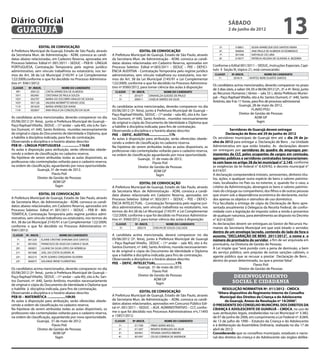 Diário Oficial
 GUARUJÁ
                                                                                                                                                          sábado
                                                                                                                                                          2 de junho de 2012
                                                                                                                                                                                                    13
                  EDITAL DE CONVOCAÇÃO                                                                                                             5º.         318851       SILVIA APARECIDA DOS SANTOS VIEIRA
A Prefeitura Municipal de Guarujá, Estado de São Paulo, através                          EDITAL DE CONVOCAÇÃO                                      6º.         306836       ANA PAULA DE ALMEIDA DI DOMENICO
da Secretaria Mun. de Administração - ADM, convoca as candi-           A Prefeitura Municipal de Guarujá, Estado de São Paulo, através             7º.         301546       NATHALIE CID LIRIA
datas abaixo relacionadas, em Cadastro Reserva, aprovadas em           da Secretaria Mun. de Administração - ADM, convoca as candi-                8º.         319577       PATRÍCIA HELENA DE OLIVEIRA A BEZERRA
Processo Seletivo Edital nº. 001/2011 – SEDUC – PEB III - LÍNGUA       datas abaixo relacionadas em Cadastro Reserva, aprovadas em
PORTUGUESA, Contratação Temporária pelo regime jurídico                Processo Seletivo Edital nº.003/2011 – SEDUC – PEE – DEFICI-           Conforme o Edital 001/2011 – SEDUC, Instruções Especiais, Capí-
administrativo, sem vínculo trabalhista ou estatutário, nos ter-       ÊNCIA AUDITIVA - Contratação Temporária pelo regime jurídico           tulo II Seção III, tópico 21, está convocando:
mos do Art. 38 da Lei Municipal 2145/91 e Lei Complementar             administrativo, sem vínculo trabalhista ou estatutário, nos ter-        CLASSIF.     Nº.INSCR.               NOME DO CANDIDATO
122/2009,conforme o que foi decidido no Processo Administra-           mos do Art. 38 da Lei Municipal 2145/91 e Lei Complementar                1º.         307619       MYRTES NERE DUARTE SANTOS
tivo nº. 9361/2012:                                                    122/2009, conforme o que foi decidido no Processo Administra-
                                                                                                                                              Os candidatos acima mencionados, deverão comparecer no prazo
 CLASSIF.   Nº. INSCR.               NOME DO CANDIDATO                 tivo nº.9360/2012, para tomar ciência das aulas à disposição:
                                                                                                                                              de 3 dias úteis, a saber: 04, 05 e 06/06/2012 (2ª., 3ª. e 4ª. feira), junto
   99º.      000125      CINTIA APARECIDA DE ALMEIDA                     CLASSIF.    Nº. INSCR.                NOME DO CANDIDATO
                                                                                                                                              ao Recursos Humanos ( térreo – sala 33 ), desta Prefeitura Munici-
   101º.     002481      CRISTIANA DE PAULA SOUZA                          1º.        201677        DINAHELZA GUEDES DE PAULO
   102º.     002707      MARIA DO SOCORRO ARAUJO DE SOUSA
                                                                                                                                              pal – Paço Raphael Vitiello, sito à Av. Santos Dumont, n°. 640, Santo
                                                                           5º.        200011        JOSÉLIA SIMÕES DA SILVA
   103º.     001128      VALERIA MORMITTO NISHIO JOSE                                                                                         Antônio, das 9 às 11 horas, para fins de processo admissional.
   113º.     001659      MARIA APARECIDA VIANA                         As candidatas acima mencionadas, deverão comparecer no dia                                 Guarujá, 28 de maio de 2012.
   114º.     002847      ANA PAULA DA CONCEIÇÃO DA SILVA               05/06/2012 (3ª. feira), junto à Prefeitura Municipal de Guarujá –                                    FLAVIO POLI
                                                                       Paço Raphael Vitiello, SEDUC – (1º andar – sala 40), sito à Av. San-                       Diretor de Gestão de Pessoas
As candidatas acima mencionadas, deverão comparecer no dia             tos Dumont, nº 640, Santo Antônio , munidos necessariamente                                            ADM GP
05/06/2012 (3ª. feira), junto à Prefeitura Municipal de Guarujá –      de original e cópia do Documento de Identidade e Diploma que                                             fagm
Paço Raphael Vitiello, SEDUC – (1º andar – sala 40), sito à Av. San-   a habilite à disciplina indicada; para fins de contratação.
tos Dumont, nº. 640, Santo Antônio, munidas necessariamente            Observando a disciplina e o horário abaixo descrito:                                Servidores de Guarujá devem entregar
de original e cópia do Documento de Identidade e Diploma, que          PEE – DEFIC. AUDITIVA.....................17h                                    Declaração de Bens até 29 de junho de 2012
a habilite à disciplina indicada, para fins de contratação.            As aulas à disposição para atribuição, serão oferecidas obede-         Os servidores municipais de Guarujá têm até o dia 29 de ju-
Observando a disciplina e o horário abaixo descrito:                   cendo a ordem de classificação no cadastro reserva.                    nho de 2012 para entregar a Declaração de Bens , na Unidade
PEB III – LÍNGUA PORTUGUESA …...............11h30                      Na hipótese de serem atribuídas todas as aulas disponíveis, as         Administrativa em que estão lotados. As declarações devem
As aulas à disposição para atribuição, serão oferecidas obede-         professoras não contempladas voltarão para o cadastro reserva,         ser entregues por servidores do quadro de empregos per-
cendo a ordem de classificação no cadastro reserva.                    na ordem de classificação aguardando por nova oportunidade.            manentes da CLT, pelos ocupantes de cargos em comissão,
Na hipótese de serem atribuídas todas as aulas disponíveis, as                            Guarujá, 31 de maio de 2012.                        agentes públicos e servidores contratados temporariamen-
professoras não contempladas voltarão para o cadastro reserva,                                      Flavio Poli                               te com base no artigo 38 da lei municipal n° 2.145, conforme
na ordem de classificação, aguardando por nova oportunidade.                              Diretor de Gestão de Pessoas                        as exigências da lei federal n° 8.429/92, e decreto municipal n°
                   Guarujá, 31 de maio de 2012.                                                      ADM GP                                   8.014/07.
                             Flavio Poli                                                               fagm                                   A declaração compreenderá imóveis, semoventes, dinheiro títu-
                   Diretor de Gestão de Pessoas                                                                                               los, ações, e qualquer outra espécie de bens e valores patrimo-
                              ADM GP                                                     EDITAL DE CONVOCAÇÃO                                 niais, localizados no País ou no exterior, e, quando for o caso, a
                                fagm                                   A Prefeitura Municipal de Guarujá, Estado de São Paulo, através        critério da Administração, abrangerá os bens e valores patrimo-
                                                                       da Secretaria Mun. de Administração - ADM, convoca a candi-            niais do cônjuge ou companheiro, dos filhos e de outras pessoas
                   EDITAL DE CONVOCAÇÃO                                data abaixo relacionada em Cadastro Reserva, aprovadas em              que vivam sob a dependência econômica do declarante, excluí-
A Prefeitura Municipal de Guarujá, Estado de São Paulo, através        Processo Seletivo Edital nº. 003/2011 – SEDUC – PEE – DEFICI-          dos apenas os objetos e utensílios de uso doméstico.
da Secretaria Mun. de Administração - ADM, convoca os candi-           ÊNCIA INTELECTUAL - Contratação Temporária pelo regime jurí-           Fica facultada a entrega de cópia da Declaração de Bens apre-
datos abaixo relacionados, em Cadastro Reserva, aprovados em           dico administrativo, sem vínculo trabalhista ou estatutário, nos       sentada anualmente à Delegacia da Receita Federal, de confor-
Processo Seletivo Edital nº. 001/2011 – SEDUC – PEB III - MA-          termos do Art.38 da Lei Municipal 2145/91 e Lei Complementar           midade com a legislação do imposto sobre a renda e proventos
TEMÁTICA, Contratação Temporária pelo regime jurídico admi-            122/2009, conforme o que foi decidido no Processo Administra-          de qualquer natureza, para atendimento ao disposto no Decreto
nistrativo, sem vínculo trabalhista ou estatutário, nos termos do      tivo nº. 9360/2012, para tomar ciência das aulas à disposição:         n° 8.014/2007.
Art. 38 da Lei Municipal 2145/91 e Lei Complementar 122/2009,                                                                                 As declarações devem ser entregues ao Gestor de Recursos Hu-
                                                                         CLASSIF.      Nº. INSCR.              NOME DO CANDIDATO
conforme o que foi decidido no Processo Administrativo nº.                 5º.          200219        EVELYN DE SOUZA CALCADA                 manos da Secretaria Municipal em que está lotado o servidor,
9361/2012:                                                                                                                                    dentro de um envelope lacrado, contendo do lado de fora o
CLASSIF. Nº. INSCR.                 NOME DO CANDIDATO                  A candidata acima mencionada, deverá comparecer no dia                 assunto, “DECLARAÇÃO DE BENS 2011/2012”, o nome e o
   1º.      001220    ELAINE CRISTINE SHIROMA DOS SANTOS               05/06/2012 (3ª. feira), junto à Prefeitura Municipal de Guarujá        número do prontuário do servidor, a fim de ser arquivada em
   3º.      001050    FRANCISCO DE ASSIS DA CUNHA E SILVA              – Paço Raphael Vitiello, SEDUC – (1º andar – sala 40), sito à Av.      prontuário, na Diretoria de Gestão de Pessoas.
   20º.     000831    LILIANE DA SILVA LOPES DA NÓBREGA                Santos Dumont, nº. 640, Santo Antônio, munida necessariamen-           A Lei impõe que “será punido com a pena de demissão, a bem
   21º.     001068    JOEL DA COSTA OLIVEIRA JR.                       te de original e cópia do Documento de Identidade e Diploma            do serviço público, sem prejuízo de outras sanções cabíveis, o
   22º.     002215    RUTE SOARES CERQUEIRA OLIVEIRA
                                                                       que a habilite à disciplina indicada; para fins de contratação.        agente público que se recusar a prestar Declaração de Bens ,
                                                                       Observando a disciplina e o horário abaixo descrito:                   dentro do prazo determinado, ou que a prestar falsa”.
   23º.     000075    SOLANGE IRENE FLORENTINO
                                                                       PEE – DEFIC. INTELECTUAL.....................17h                                                   Flavio Poli
Os candidatos acima mencionados, deverão comparecer no dia                               Guarujá, 31 de maio de 2012.                                            Diretor de Gestão de Pessoas
05/06/2012 (3ª. feira), junto à Prefeitura Municipal de Guarujá –                                   Flavio Poli
Paço Raphael Vitiello, SEDUC – (1º andar – sala 40), sito à Av. San-                     Diretor de Gestão de Pessoas                                         desenvolvimento
                                                                                                     ADM GP
tos Dumont, nº. 640, Santo Antônio, munidos necessariamente
                                                                                                       fagm                                                  social e cidadania
de original e cópia do Documento de Identidade e Diploma que
o habilite à disciplina indicada, para fins de contratação.                                                                                          RESOLUÇÃO NORMATIVA Nº. 011/2012 - CMDCA
Observando a disciplina e o horário abaixo descrito:                                      EDITAL DE CONVOCAÇÃO                                   “Altera dispositivo do Regimento Interno do Conselho
PEB III – MATEMÁTICA …...............10h30                             A Prefeitura Municipal de Guarujá, Estado de São Paulo, através             Municipal dos Direitos da Criança e do Adolescente
As aulas à disposição para atribuição, serão oferecidas obede-         da Secretaria Mun. de Administração – ADM, convoca os candi-                    de Guarujá, Anexo da Resolução nº 14/2006”.
cendo a ordem de classificação no cadastro reserva.                    datos abaixo relacionados, aprovados em Concurso Público Edi-          O PRESIDENTE DO CONSELHO MUNICIPAL DOS DIREITOS DA
Na hipótese de serem atribuídas todas as aulas disponíveis, os         tal nº. 001/2011 – SEDUC – AUX. ADMINISTRATIVO – CLT, confor-          CRIANÇA E ADOLESCENTE DE GUARUJÁ – CMDCA, no uso de
professores não contempladas voltarão para o cadastro reserva,         me o que foi decidido nos Processos Administrativos nºs.11493          suas atribuições legais, estabelecidas na Lei Municipal nº 3.382,
na ordem de classificação, aguardando por nova oportunidade.           e 15857/2012:                                                          de 07 de junho de 2006, em cumprimento a Lei Federal nº. 8.069,
                  Guarujá, 31 de maio de 2012.                          CLASSIF.     Nº.INSCR.               NOME DO CANDIDATO                de 13 de julho de 1990 – Estatuto da Criança e do Adolescente
                            Flavio Poli                                    1º.        311700        FÁBIO SERRA MICELI                        e à deliberação da Assembleia Ordinária, realizada no dia 17 de
                  Diretor de Gestão de Pessoas                             2º.        311207        RENATO RORIGUES DA SILVA                  abril de 2012;
                             ADM GP                                        3º.        305401        TATIANA SANTOS RIBEIRO                    Considerando que os conselhos municipais, estaduais e nacio-
                               fagm                                        4º.        301047        CELSO CORREIA DE ANDRADE                  nal dos direitos da criança e do Adolescente são órgãos delibe-
 