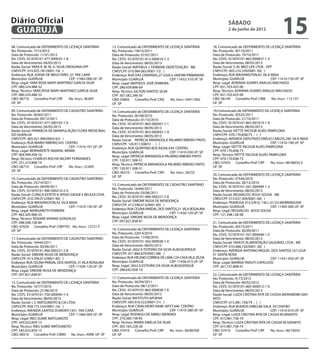 Diário Oficial
 GUARUJÁ
                                                                                                                                    sábado
                                                                                                                                    2 de junho de 2012
                                                                                                                                                                      15
08. Comunicado de DEFERIMENTO DE LICENÇA SANITÁRIA             13. Comunicado de DEFERIMENTO DE LICENÇA SANITÁRIA          18. Comunicado de DEFERIMENTO DE LICENÇA SANITÁRIA
No. Protocolo: 1513/2012                                       No. Protocolo: 19415/2011                                   No. Protocolo: 30110/2011
Data de Protocolo: 11/01/2012                                  Data de Protocolo: 07/07/2011                               Data de Protocolo: 19/10/2011
No. CEVS: 351870101-477-000025-1-8                             No. CEVS: 351870101-812-000018-1-3                          No. CEVS: 351870101-863-000857-1-5
Data de Vencimento: 04/05/2013                                 Data de Vencimento: 08/05/2013                              Data de Vencimento: 08/05/2013
Razão Social: YARA R. M. M. G. SILVA DROGARIA EPP              Razão Social: MATHEUS J. FERREIRA DEDETIZAÇÃO - ME          Razão Social: S. M. MED LIFE LTDA - EPP
CNPJ/CPF: 010.925.181/0001-10( )                               CNPJ/CPF: 010.984.065/0001-72( )                            CNPJ/CPF: 005.210.339/0001-36( )
Endereço: RUA JOANA DE MELO FARO ,37 PAE CARÁ                  Endereço: RUA DAS CRAVINAS,27 LOJA 6 JARDIM PRIMAVERA       Endereço: RUA WASHINGTON,42 VILA MAIA
Município: GUARUJÁ                     CEP: 11462-000 UF: SP   Município: GUARUJÁ                  CEP: 11432-310 UF: SP   Município: GUARUJÁ                    CEP: 11410-150 UF: SP
Resp. Legal: YARA ROSE MARY MARTINEZ GARCIA SILVA              Resp. Legal: MATHEUS JOSÉ FERREIRA                          Resp. Legal: ADRIANA SOARES ARAUJO MACHADO
CPF: 080.524.488-32                                            CPF: 280.439.898-69                                         CPF: 651.703.425-00
Resp. Técnico: YARA ROSE MARY MARTINEZ GARCIA SILVA            Resp. Técnico: GILSON SANTOS SILVA                          Resp. Técnico: ADRIANA SOARES ARAUJO MACHADO
CPF: 080.524.488-32                                            CPF: 307.582.248-50                                         CPF: 651.703.425-00
CBO: 06710 Conselho Prof: CRF         No. Inscr.: 36.897       CBO: 03605 Conselho Prof: CRQ       No. Inscr.: 04411062    CBO: 06149 Conselho Prof: CRM          No. Inscr.: 113.727
UF: SP                                                         UF: SP                                                      UF: SP
                                                                                                                           
09. Comunicado de DEFERIMENTO DE CADASTRO SANITÁRIO            14. Comunicado de DEFERIMENTO DE LICENÇA SANITÁRIA          19.Comunicado de DEFERIMENTO DE LICENÇA SANITÁRIA
No. Protocolo: 36365/2011                                      No. Protocolo: 26748/2010                                   No. Protocolo: 30525/2011
Data de Protocolo: 09/12/2011                                  Data de Protocolo: 01/10/2010                               Data de Protocolo: 21/10/2011
No. CEVS: 351870101-477-000105-1-0                             No. CEVS: 351870101-863-000041-1-1                          No. CEVS: 351870101-863-001014-1-9
Data de Vencimento: 04/05/2013                                 Data de Vencimento: 08/05/2013                              Data de Vencimento: 08/05/2013
Razão Social: FARMÁCIA DE MANIPULAÇÃO FLORA MEDICINAL          No. CEVS: 351870101-863-000042-1-9                          Razão Social: IVETTE YACOUB ALVES PAMPLONA
DO GUARUJA                                                     Data de Vencimento: 08/05/2013                              CNPJ/CPF: 070.170.838/73 - ( )
CNPJ/CPF: 065.921.496/0002-62( )                               Razão Social: PATRICIA MIRANDOLA PALMIRO RIBEIRO PINTO      Endereço: AVENIDA DEPUTADO EMÍLIO CARLOS,290 VILA MAIA
Endereço: RUA MARIO RIBEIRO,543 CENTRO                         CNPJ/CPF: 120.911.508/51 - ( )                              Município: GUARUJÁ                    CEP: 11410-140 UF: SP
Município: GUARUJÁ                 CEP: 11410-191 UF: SP       Endereço: RUA QUINTINO BOCAIUVA,544 CENTRO                  Resp. Legal: IVETTE YACOUB ALVES PAMPLONA
Resp. Legal: BERNARDETE AMARAL BENINI                          Município: GUARUJÁ                 CEP: 11410-030 UF: SP    CPF: 070.170.838-73
CPF: 004.999.458-16                                            Resp. Legal: PATRICIA MIRANDOLA PALMIRO RIBEIRO PINTO       Resp. Técnico: IVETTE YACOUB ALVES PAMPLONA
Resp. Técnico: CHARLES ROCHA NICORY FERNANDES                  CPF: 120.911.508-51                                         CPF: 070.170.838-73
CPF: 251.273.898-19                                            Resp. Técnico: PATRICIA MIRANDOLA PALMIRO RIBEIRO PINTO     CBO: 07435 Conselho Prof: CRP         No. Inscr.: 06/46033-5
CBO: 06710 Conselho Prof: CRF      No. Inscr.: 22.895          CPF: 120.911.508-51                                         UF: SP
UF: SP                                                         CBO: 06310 Conselho Prof: CRO      No. Inscr.: 56722
                                                                                                                           20. Comunicado de DEFERIMENTO DE LICENÇA SANITÁRIA
                                                               UF: SP
10. Comunicado de DEFERIMENTO DE CADASTRO SANITÁRIO                                                                        No. Protocolo: 37544/2010
No. Protocolo: 25214/2011                                                                                                  Data de Protocolo: 28/12/2010
                                                               15. Comunicado de DEFERIMENTO DE CADASTRO SANITÁRIO
Data de Protocolo: 09/09/2011                                                                                              No. CEVS: 351870101-561-000499-1-3
                                                               No. Protocolo: 16444/2011
No. CEVS: 351870101-960-000210-2-4                                                                                         Data de Vencimento: 08/05/2013
                                                               Data de Protocolo: 03/06/2011
Razão Social: CLÍNICA ESTÉTICA SPASO SAÚDE E BELEZA LTDA.                                                                  Razão Social: REGIVALDO JESUS SOUSA - ME
                                                               No. CEVS: 351870101-960-000221-2-8
CNPJ/CPF: 010.709.912/0001-90( )                                                                                           CNPJ/CPF: 013.037.309/0001-06( )
Endereço: RUA WASHINGTON,42 VILA MAIA                          Razão Social: SIMONE NUSA DE MENDONÇA                       Endereço: TRAVESSA 372,S/N Q. 136 L.31/32 MORRINHOSIII
Município: GUARUJÁ                  CEP: 11410-150 UF: SP      CNPJ/CPF: 013.596.613/0001-85( )                            Município: GUARUJÁ                  CEP: 11495-000 UF: SP
Resp. Legal: MARGARETH FERREIRA                                Endereço: RUA CELINA PARDAL DOS SANTOS,31 VILA ROSALINA     Resp. Legal: REGIVALDO JESUS SOUSA
CPF: 482.205.906-53                                            Município: GUARUJÁ                 CEP: 11430-120 UF: SP    CPF: 121.398.128-08
Resp. Técnico: ROSANE VIANNA GONZALEZ                          Resp. Legal: SIMONE NUSA DE MENDONÇA
CPF: 048.548.158-84                                            CPF: 097.821.838-81                                         21. Comunicado de DEFERIMENTO DE LICENÇA SANITÁRIA
CBO: 07620 Conselho Prof: CREFITO No. Inscr.: 12721-F                                                                      No. Protocolo: 26573/2011
UF: SP                                                         16. Comunicado de DEFERIMENTO DE LICENÇA SANITÁRIA          Data de Protocolo: 20/09/2011
                                                               No. Protocolo: 22014/2010                                   No. CEVS: 351870101-561-000648-1-5
11. Comunicado de DEFERIMENTO DE CADASTRO SANITÁRIO            Data de Protocolo: 17/08/2010                               Data de Vencimento: 08/05/2013
No. Protocolo: 16444/2011                                      No. CEVS: 351870101-562-000028-1-0                          Razão Social: TAKIUTI ALIMENTAÇÃO SAUDÁVEL LTDA - ME
Data de Protocolo: 03/06/2011                                  Data de Vencimento: 08/05/2013                              CNPJ/CPF: 010.468.720/0001-30( )
No. CEVS: 351870101-960-000221-2-8                             Razão Social: JAILCA ESTEVÃO DA SILVA ALBUQUERQUE           Endereço: AVENIDA ANTONIO MIGUEL DOS SANTOS,167 LOJA
Razão Social: SIMONE NUSA DE MENDONÇA                          CNPJ/CPF: 011.860.879/0001-68( )                            01 SANTA ROSA
CNPJ/CPF: 013.596.613/0001-85( )                               Endereço: RUA HELENO CORREIA DE LIMA,12A CASA VILA ZILDA    Município: GUARUJÁ                 CEP: 11431-050 UF: SP
Endereço: RUA CELINA PARDAL DOS SANTOS, 31 VILA ROSALINA       Município: GUARUJÁ                  CEP: 11436-015 UF: SP   Resp. Legal: MARINA TAKIUTI CAPELOSSI
Município: GUARUJÁ                 CEP: 11430-120 UF: SP       Resp. Legal: JAILCA ESTEVÃO DA SILVA ALBUQUERQUE            CPF: 261.737.808-01
Resp. Legal: SIMONE NUSA DE MENDONÇA                           CPF: 288.642.058-10
CPF: 097.821.838-81                                                                                                        22. Comunicado de DEFERIMENTO DE LICENÇA SANITÁRIA
                                                               17. Comunicado de DEFERIMENTO DE LICENÇA SANITÁRIA          No. Protocolo: 4173/2012
12. Comunicado de DEFERIMENTO DE LICENÇA SANITÁRIA             No. Protocolo: 36294/2011                                   Data de Protocolo: 06/02/2012
No. Protocolo: 16777/2010                                      Data de Protocolo: 08/12/2011                               No. CEVS: 351870101-865-000012-1-0
Data de Protocolo: 21/06/2010                                  No. CEVS: 351870101-865-000038-1-6                          Data de Vencimento: 08/05/2013
No. CEVS: 351870101-750-000040-1-4                             Data de Vencimento: 08/05/2013                              Razão Social: LUIZA CRISTINA RITA DE CASSIA MORANDIM GRA-
Data de Vencimento: 08/05/2013                                 Razão Social: INSTITUTO APOENA                              NITO
Razão Social: I. S. MATSUMOTO  CIA LTDA.                      CNPJ/CPF: 005.916.522/0001-51( )                            CNPJ/CPF: 015.981.758/74 - ( )
CNPJ/CPF: 058.772.534/0001-16( )                               Endereço: RUA CAVALHEIRO NAMI JAFET,446 CENTRO              Endereço: RUA BUENOS AIRES,86 SALA 03 CENTRO
Endereço: AVENIDA SANTOS DUMONT,1451 PAE CARÁ                  Município: GUARUJÁ                  CEP: 11410-280 UF: SP   Município: GUARUJÁ                   CEP: 11410-010 UF: SP
Município: GUARUJÁ                   CEP: 11460-004 UF: SP     Resp. Legal: RODRIGO DE ABREU MERENDI                       Resp. Legal: LUIZA CRISTINA RITA DE CASSIA M GRANITO
Resp. Legal: INES SUMIE MATSUMOTO                              CPF: 270.260.158-85                                         CPF: 015.981.758-74
CPF: 543.022.859-15                                            Resp. Técnico: MARIA AMELIA DA SILVA                        Resp. Técnico: LUIZA CRISTINA RITA DE CASSIA M GRANITO
Resp. Técnico: INES SUMIE MATSUMOTO                            CPF: 305.164.228-20                                         CPF: 015.981.758-74
CPF: 543.022.859-15                                            CBO: 07410 Conselho Prof: CRP       No. Inscr.: 06/80769    CBO: 07410 Conselho Prof: CRP        No. Inscr.: 06/18343
CBO: 06510 Conselho Prof: CRMV No. Inscr.: 4098 UF: SP         UF: SP                                                      UF: SP
 