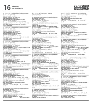 16                sábado
                  2 de junho de 2012
                                                                                                                                                   Diário Oficial
                                                                                                                                                    GUARUJÁ
23. Comunicado de DEFERIMENTO DE LICENÇA SANITÁRIA         Resp. Legal: ELAINI BERNARDINO V. FERREIRA                    Endereço: RUA AZUIL LOUREIRO,1435 CASA SANTA ROSA
No. Protocolo: 32888/2011                                  CPF: 077.501.778-76                                           Município: GUARUJÁ                CEP: 11430-111 UF: SP
Data de Protocolo: 11/11/2011                                                                                            Resp. Legal: ROSA LOPEZ PATUSCO
No. CEVS: 351870101-561-000673-1-8                         29. Comunicado de DEFERIMENTO DE LICENÇA SANITÁRIA            CPF: 121.345.918-46
Data de Vencimento: 08/05/2013                             No. Protocolo: 10967/2011                                     Resp. Técnico: SALVADOR OVIDIO ARRUDA NETO
Razão Social: ALONSO´S RESTAURANTE LTDA - ME               Data de Protocolo: 15/04/2011                                 CPF: 410.737.036-49
CNPJ/CPF: 007.452.397/0002-82( )                           No. CEVS: 351870101-864-000041-1-1                            CBO: 06134 Conselho Prof: CRM      No. Inscr.: 42.409
Endereço: RUA MARIO RIBEIRO,384 LOJA 01 CENTRO             Data de Vencimento: 09/05/2013                                UF: SP
Município: GUARUJÁ                 CEP: 11410-191 UF: SP   Razão Social: LABORATÓRIO DE ANÁLISES CLÍNICAS SANTA
Resp. Legal: DANIEL ALONSO MARTINEZ RODRIGUES              CLARA LTDA.                                                   34. Comunicado de DEFERIMENTO DE LICENÇA SANITÁRIA
CPF: 313.998.638-60                                        CNPJ/CPF: 001.498.718/0002-01( )                              No. Protocolo: 36276/2011
                                                           Endereço: RUA QUINTO BERTOLDI,27 SALA 03 VILA MAIA            Data de Protocolo: 08/12/2011
24. Comunicado de DEFERIMENTO DE LICENÇA SANITÁRIA         Município: GUARUJÁ                 CEP: 11410-130 UF: SP      No. CEVS: 351870101-561-000693-1-0
No. Protocolo: 15323/2011                                  Resp. Legal: ADRIANA BERTOLINI PRADO                          Data de Vencimento:16/05/2013
Data de Protocolo: 26/05/2011                              CPF: 054.103.678-55                                           Razão Social: JULEMAR HOTEL LTDA.
No. CEVS: 351870101-561-000660-1-0                         Resp. Técnico: JUAN DE LA CRUZ LLANOS CHAVARRIA               CNPJ/CPF: 008.571.665/0001-67( )
Data de Vencimento: 08/05/2013                             CPF: 217.620.888-94                                           Endereço: AVENIDA MIGUEL STEFANO,4981 LOTEAMENTO
Razão Social: VANESSA DIAS DOS SANTOS                      CBO: 06105 Conselho Prof: CRM       No. Inscr.: 111414        JOÃO BATISTA JULIÃO
CNPJ/CPF: 013.600.501/0001-50( )                           UF: SP                                                        Município: GUARUJÁ                 CEP: 11440-534 UF: SP
Endereço: RUA SÃO JOÃO,517 PAE-CARÁ                                                                                      Resp. Legal: JULIANA MORALEZ LOZARGO
Município: GUARUJÁ                 CEP: 11461-090 UF: SP   30. Comunicado de DEFERIMENTO DE LICENÇA SANITÁRIA            CPF: 219.740.538-14
Resp. Legal: VANESSA DIAS DOS SANTOS                       No. Protocolo: 2739/2012
CPF: 338.975.588-82                                        Data de Protocolo: 25/01/2012                                 35. Comunicado de DEFERIMENTO DE LICENÇA SANITÁRIA
                                                           No. CEVS: 351870101-863-000005-1-5                            No. Protocolo: 38762/2011
25. Comunicado de DEFERIMENTO DE LICENÇA SANITÁRIA         Data de Vencimento: 09/05/2013                                Data de Protocolo: 28/12/2011
No. Protocolo: 33069/2011                                  Razão Social: JOÃO ARNAUD FIALHO BRAGA                        No. CEVS: 351870101-477-000136-1-7
Data de Protocolo: 16/11/2011                              CNPJ/CPF: 528.278.281/20 - ( )                                Data de Vencimento:16/05/2013
No. CEVS: 351870101-471-000053-1-2                         Endereço: RUA WASHINGTON,42 SALA 4 VILA MAIA                  Razão Social: DROGARIA IEMANJÁ GUARUJÁ LTDA - ME
Data de Vencimento: 08 05/2013
                       /                                   Município: GUARUJÁ                    CEP: 11410-150 UF: SP   CNPJ/CPF: 046.144.523/0001-02( )
Razão Social: MINIMERCADO TOCA DO PÃO QUENTE LTDA ME       Resp. Legal: JOÃO ARNALDO FIALHO BRAGA                        Endereço: RUA CAPITÃO FRANCISCO LESSA,16 PARQUE ESTUÁRIO
CNPJ/CPF: 008.271.917/0001-32( )                           CPF: 528.278.281-20                                           Município: GUARUJÁ                 CEP: 11450-000 UF: SP
Endereço: AV. GUARUJÁ ,476 PAE-CARA                        Resp. Técnico: JOÃO ARNALDO FIALHO BRAGA                      Resp. Legal: ANTONIO CARLOS DE MORAIS            CPF:
Município: GUARUJÁ                 CEP: 11454-120 UF: SP   CPF: 528.278.281-20                                           729.981.728-49
Resp. Legal: FABIANA RAMOS MEDINA NUNES                    CBO: Conselho Prof: CRM     No. Inscr.: 93412    UF: SP       Resp. Técnico: PABLO CANOSA DE MORAIS             CPF:
CPF: 280.468.068-11                                                                                                      275.198.528-90
                                                           31. Comunicado de DEFERIMENTO DE LICENÇA SANITÁRIA            CBO: 06710 Conselho Prof: CRF      No. Inscr.: 36891
26. Comunicado de DEFERIMENTO DE LICENÇA SANITÁRIA         No. Protocolo: 35361/2011                                     UF: SP
No. Protocolo: 31060/2011                                  Data de Protocolo: 30/11/2011
Data de Protocolo: 26/10/2011                              No. CEVS: 351870101-812-000019-1-0                            36. Comunicado de DEFERIMENTO DE LICENÇA SANITÁRIA
No. CEVS: 351870101-471-000156-1-0                         Data de Vencimento: 09/05/2013                                No. Protocolo: 12549/2012
Data de Vencimento: 08/05/2013                             Razão Social: M. NUNES DEDETIZAÇÃO - ME                       Data de Protocolo: 26/04/2012
Razão Social: SUPERMERCADO DANCUP LTDA - EPP               CNPJ/CPF: 007.184.535/0001-09( )                              No. CEVS: 351870101-477-000143-1-1
CNPJ/CPF: 014.403.242/0001-30( )                           Endereço: RUA CIRO ALVES,302 JARDIM TRES MARIAS               Data de Vencimento: 08/12/2012
Endereço: AVENIDA ADEMAR DE BARROS, 2156 SANTO ANTONIO     Município: GUARUJÁ                 CEP: 11440-390 UF: SP      Razão Social: GREGHI  PAIVA LTDA
Município: GUARUJÁ                 CEP: 11430-000 UF: SP   Resp. Legal: MIRTES NUNES             CPF: 006.229.438-55     CNPJ/CPF: 002.029.553/0005-26( )
Resp. Legal: FABIO GOMES DA ROCHA CUPIDO                   Resp. Técnico: FRANCISCO ANDRADE DO CARMO JUNIOR              Endereço: AVENIDA DEPUTADO EMÍLIO CARLOS,192 VILA MAIA
CPF: 197.509.928-14                                        CPF: 130.127.048-25                                           Município: GUARUJÁ                 CEP: 11410-140 UF: SP
                                                           CBO: 03190 Conselho Prof: CRBIO No. Inscr.: 10.394-01         Resp. Legal: APARECIDA AKEMI AKIMOTO
27. Comunicado de DEFERIMENTO DE LICENÇA SANITÁRIA         UF: SP                                                        CPF: 041.214.638-03
No. Protocolo: 33763/2011                                                                                                Resp. Técnico: GABRIELA KARIN DE SOUZA MACENA
Data de Protocolo: 21/11/2011                              32.Comunicado de DEFERIMENTO DE CADASTRO SANITÁRIO            CPF: 356.673.758-50
No. CEVS: 351870101-863-000185-1-1                         No. Protocolo: 7005/2012                                      CBO: 06710 Conselho Prof: CRF      No. Inscr.: 59588
Data de Vencimento: 08/05/2013                             Data de Protocolo: 06/03/2012                                 UF: SP
Razão Social: FERNANDO ARI FERNANDES ALVES                 No. CEVS: 351870101-931-000035-2-2
CNPJ/CPF: 307.787.288/97 - ( )                             Razão Social: RENATO ROCHA MENEZES                            37. Comunicado de DEFERIMENTO DE LICENÇA SANITÁRIA
Endereço: AV. DEPUTADO EMILIO CARLOS ,84 VILA MAIA         CNPJ/CPF: 316.607.538/05 - ( )                                No. Protocolo: 20234/2010
Município: GUARUJÁ                 CEP: 11410-140 UF: SP   Endereço: RUA MONTENEGRO,80 SALA 5 CENTRO                     Data de Protocolo: 30/07/2010
Resp. Legal: FERNANDO ARI FERNANDES ALVES                  Município: GUARUJÁ                 CEP: 11410-040 UF: SP      No. CEVS: 351870101-863-000800-1-2
CPF: 307.787.288-97                                        Resp. Legal: RENATO ROCHA MENEZES                             Data de Vencimento:18/05/2013
Resp. Técnico: FERNANDO ARI FERNANDES ALVES                CPF: 316.607.538-05                                           Razão Social: MEDICIONAL SERVIÇOS DE SAÚDE E SEGURANÇA
CPF: 307.787.288-97                                        Resp. Técnico: RENATO ROCHA MENEZES                           OCUPACION
CBO: 06149 Conselho Prof: CRM       No. Inscr.: 101.876    CPF: 316.607.538-05                                           CNPJ/CPF: 006.215.011/0001-75( )
UF: SP                                                     CBO: 18120 Conselho Prof: CREF No. Inscr.: 056.422-G/SP       Endereço: RUA MONTENEGRO,120 VILA MAIA
                                                           UF: SP                                                        Município: GUARUJÁ                 CEP: 11410-040 UF: SP
28. Comunicado de DEFERIMENTO DE LICENÇA SANITÁRIA                                                                       Resp. Legal: ALEXANDRE AMORIM HERNANDEZ
No. Protocolo: 3491/2012                                   33. Comunicado de DEFERIMENTO DE LICENÇA SANITÁRIA            CPF: 835.952.107-78
Data de Protocolo: 31/01/2012                              No. Protocolo: 36508/2011                                     Resp. Técnico: ALEXANDRE AMORIM HERNANDEZ
No. CEVS: 351870101-561-000337-1-5                         Data de Protocolo: 12/12/2011                                 CPF: 835.952.107-78
Data de Vencimento: 08/05/2013                             No. CEVS: 351870101-871-000012-1-0                            CBO: 06172 Conselho Prof: CRM No. Inscr.: 60916 UF: SP
Razão Social: AUN DOCERIA E CAFETERIA LTDA -ME             Data de Vencimento:16/05/2013
CNPJ/CPF: 006.124.376/0001-94( )                           Razão Social: CONSELHO CENTRAL DE SANTOS DA SOC. DE S.        38. Comunicado de DEFERIMENTO DE LICENÇA SANITÁRIA
Endereço: RUA SANTO AMARO,120 CENTRO                       VICENTE D                                                     No. Protocolo: 38163/2009
Município: GUARUJÁ                 CEP: 11410-070 UF: SP   CNPJ/CPF: 058.236.456/0002-16( )                              Data de Protocolo: 04/12/2009
 