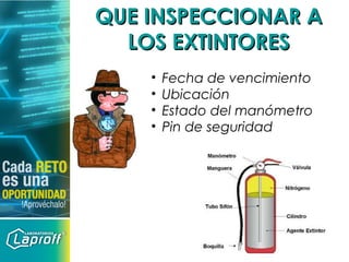 QUE INSPECCIONAR AQUE INSPECCIONAR A
LOS EXTINTORESLOS EXTINTORES
• Fecha de vencimiento
• Ubicación
• Estado del manómetro
• Pin de seguridad
 