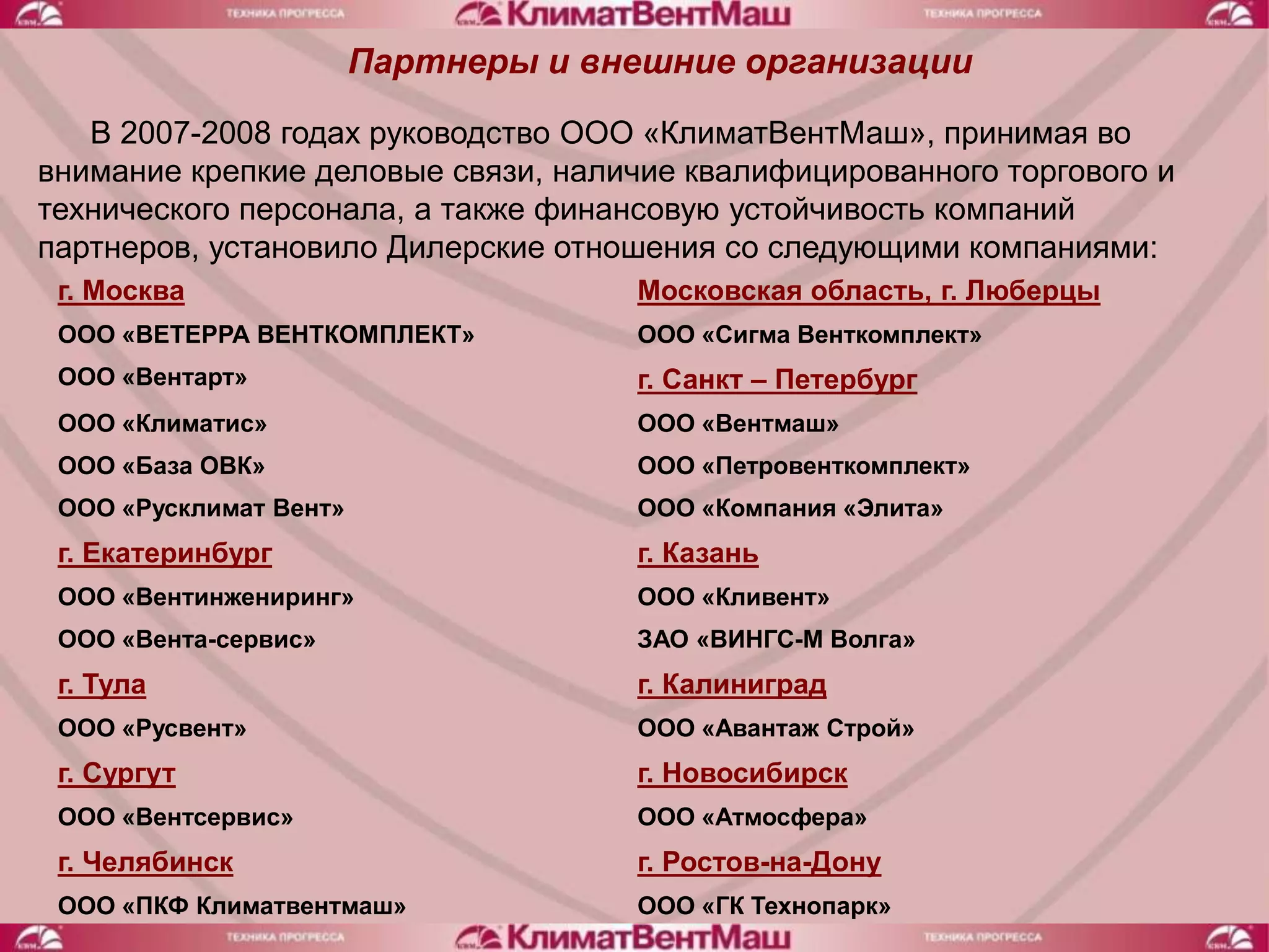 Партнеры и внешние организации
   В 2007-2008 годах руководство ООО «КлиматВентМаш», принимая во
внимание крепкие деловые связи, наличие квалифицированного торгового и
технического персонала, а также финансовую устойчивость компаний
партнеров, установило Дилерские отношения со следующими компаниями:
 г. Москва                           Московская область, г. Люберцы
 ООО «ВЕТЕРРА ВЕНТКОМПЛЕКТ»          ООО «Сигма Венткомплект»
 ООО «Вентарт»                       г. Санкт – Петербург
 ООО «Климатис»                      ООО «Вентмаш»
 ООО «База ОВК»                      ООО «Петровенткомплект»
 ООО «Русклимат Вент»                ООО «Компания «Элита»
 г. Екатеринбург                     г. Казань
 ООО «Вентинжениринг»                ООО «Кливент»
 ООО «Вента-сервис»                  ЗАО «ВИНГС-М Волга»
 г. Тула                             г. Калиниград
 ООО «Русвент»                       ООО «Авантаж Строй»
 г. Сургут                           г. Новосибирск
 ООО «Вентсервис»                    ООО «Атмосфера»
 г. Челябинск                        г. Ростов-на-Дону
 ООО «ПКФ Климатвентмаш»             ООО «ГК Технопарк»
 