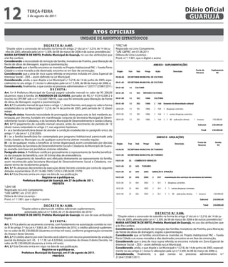 12                  teRçA-feiRA
                    2 de agosto de 2011
                                                                                                                                                                Diário Oficial 2
                                                                                                                                                                 GUARUJÁ
                                                                                                                                                                                                     2


                                                                               Atos oficiAis
                                                                    unidade de assuntos estratégicos
                                     D e C R e t O n.º 9.497.                                       “ORÇ”/dll
  “Dispõe sobre a concessão de subsídio na forma do artigo 2.º da Lei n.º 3.218, de 14 de ju-       Registrado no Livro Competente,
  nho de 2005, alterada pela Lei n.º 3.309, de 08 de março de 2006 e dá outras providências.”       “UAE GBPRE”, em 01.08.2011
MARiA AntOnietA De BRitO, Prefeita Municipal de Guarujá, no uso das atribuições que                 Débora de Lima Lourenço -
a lei lhe confere;                                                                                  Pront. n.º 11.901, que o digitei e assino
Considerando a necessidade de remoção da família, moradora da Prainha, para liberação de
frente de obras de drenagem, esgoto e pavimentação;
Considerando que a família encontra-se inserida no Projeto Habitacional PAC – Favela Porto
Cidade e a nova moradia a ela destinada, encontra-se em fase de construção;
Considerando que a área de risco supra referida se encontra incluída em Zona Especial de
Interesse Social – ZEIS – assim definida na Lei Municipal;
Considerando, ainda, o que dispõe a Lei Municipal n.º 3.218, de 14 de junho de 2005, espe-
cialmente no seu artigo 2.º, inciso I e alterações pela Lei n.º 3.309, de 08 de março de 2006; e,
Considerando, finalmente, o que consta no processo administrativo n.º 20377/125987/2011;
                                           DeCRetA:
Art. 1.º A Prefeitura Municipal de Guarujá pagará subsídio mensal no valor de R$ 200,00
(duzentos reais) à família de AnDeRSOn De OliveiRA, portador do RG n.º 45.916.508-2 e
inscrito no CPF/MF sob o n.º 332.687.788-95, cuja casa foi removida para liberação de frente
de obras de drenagem, esgoto e pavimentação.
Art. 2.º O subsídio mensal de que trata o artigo 1.º, deste Decreto, será pago no valor e forma
estabelecidos na Lei Municipal n.º 3.218, de 14 de junho de 2005, pelo período de 12 (doze)
meses.
Parágrafo único. Havendo necessidade de prorrogação deste prazo, esta se fará mediante au-
torização, por Decreto, fundado em manifestação conjunta da Secretaria Municipal de Desen-
volvimento Social e Cidadania, e da Secretaria Municipal de Desenvolvimento e Gestão Urbana.
Art. 3.º O pagamento do subsídio mensal cessará, antes do vencimento do período de 12
(doze) meses estipulado no artigo 2.º, nas seguintes hipóteses:
i – se a família beneficiária deixar de atender a condição estabelecida no parágrafo único, do
artigo 1.º, da Lei n.º 3.218/2005;
ii – se a família beneficiária for contemplada por programa habitacional patrocinado pela
União, Estado ou Município ou, de qualquer outra forma obtiver moradia regular;
iii – se de qualquer modo, o benefício se tornar dispensável, assim considerado por decisão
fundamentada da Secretaria de Desenvolvimento Social e Cidadania do Município de Guaru-
já, exarada com base em periódicas vistorias relatadas.
Parágrafo único. A Prefeitura notificará pessoalmente o representante da família beneficiá-
ria da cessação do benefício, com 30 (trinta) dias de antecedência.
Art. 4.º O pagamento do benefício será efetuado diretamente ao representante da família,
assim reconhecido pela Secretaria Municipal de Desenvolvimento Social e Cidadania, me-
diante termo de recebimento próprio.
Art. 5.º As despesas decorrentes da execução deste Decreto correrão por conta da seguinte
dotação orçamentária: 25.01.16.482.1005.1.074.3.3.90.36.00 (1979)
Art. 6.º Este Decreto entra em vigor na data de sua publicação.
                                   Registre-se e publique-se.
                  Prefeitura Municipal de Guarujá, em 27 de julho de 2011.
                                             PRefeitA
“LEIN”/dll
Registrado no Livro Competente,
“UAE GBPRE”, em 27.07.2011
Débora de Lima Lourenço -
Pront. n.º 11.901, que o digitei e assino

                                      D e C R e t O n.º 9.505.
                “Dispõe sobre a abertura de créditos adicionais suplementares,
                   autorizada pela Lei n.º 3.863, de 21 de dezembro de 2010.”                                                            D e C R e t O n.º 9.506.
MARiA AntOnietA De BRitO, Prefeita Municipal de Guarujá, no uso de suas atribuições                   “Dispõe sobre a concessão de subsídio na forma do artigo 2º da Lei n.º 3.218, de 14 de ju-
legais;                                                                                              nho de 2005, alterada pela Lei n.º 3.309, de 08 de março de 2006 e dá outras providências.”
                                           DeCRetA:                                                 MARiA AntOnietA De BRitO, Prefeita Municipal de Guarujá, no uso das atribuições que
Art. 1.º Fica aberto ao orçamento corrente, com fundamento na autorização contida no inci-          a lei lhe confere;
so IV do artigo 7.º da Lei n.º 3.863, de 21 de dezembro de 2010, o crédito adicional suplemen-      Considerando a necessidade de remoção das famílias moradoras da Prainha, para liberação
tar no valor de R$ 230.000,00 (duzentos e trinta mil reais), conforme programação constante         de frente de obras de drenagem, esgoto e pavimentação;
do Anexo I deste Decreto.                                                                           Considerando que as famílias encontram-se inseridas no Projeto Habitacional PAC – Favela
Art. 2.º O crédito aberto por este Decreto será coberto com recurso proveniente da anulação         Porto Cidade e as novas moradias a elas destinadas, encontra-se em fase de construção;
parcial da dotação (art. 43, § 1.º, III, Lei 4.320/64), constantes do Anexo II deste Decreto, no    Considerando que a área de risco supra referida se encontra incluída em Zona Especial de
valor de R$ 230.000,00 (duzentos e trinta mil reais).                                               Interesse Social – ZEIS – assim definida na Lei Municipal;
Art. 3.º Este Decreto entra em vigor na data de sua publicação.                                     Considerando, ainda, o que dispõe a Lei Municipal n.º 3.218, de 14 de junho de 2005, especial-
                                   Registre-se e publique-se.                                       mente no seu artigo 2.º, inciso I e alterações pela Lei n.º 3.309, de 08 de março de 2006; e,
                Prefeitura Municipal de Guarujá, em 01 de agosto de 2011.                           Considerando, finalmente, o que consta no processo administrativo n.º
                                              PRefeitA                                              21264/125987/2011;
 