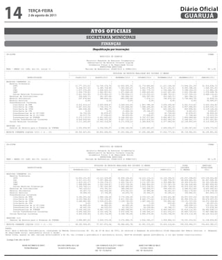 14                    teRçA-feiRA
                      2 de agosto de 2011
                                                                                                                                                                 Diário Oficial
                                                                                                                                                                  GUARUJÁ

                                                                               Atos oficiAis
                                                                           secretaria municipais
                                                                                        finanças
                                                                                 (Republicação por incorreção)
�----------------------------------------------------------------------------------------------------------------------------------------------------------------------------------------------
| CN-SIFPM                                                                                                                                                                                CONAM    |
|                                                                                        MUNICIPIO DE GUARUJA                                                                                      |
|                                                                                                                                                                                                  |
|                                                                           Relatorio Resumido da Execucao Orcamentaria                                                                            |
|                                                                            Demonstrativo da Receita Corrente Liquida                                                                             |
|                                                                             Orcamentos Fiscal e Da Seguridade Social                                                                             |
|                                                                                        PREFEITURA MUNICIPAL                                                                                      |
| RREO - ANEXO III (LRF, Art.53, inciso I)                                Periodo de Referencia: JULHO/2010 A JUNHO/2011                                                                  R$ 1,00 |
|----------------------------------------------------------------------------------------------------------------------------------------------------------------------------------------------|
|                                                          |                                         EVOLUCAO DA RECEITA REALIZADA NOS ULTIMOS 12 MESES                                            |
|                                                          |------------------------------------------------------------------------------------------------------------------------------------|
|                      ESPECIFICACAO                       |     JULHO/2010    |     AGOSTO/2010   |   SETEMBRO/2010 |     OUTUBRO/2010 |    NOVEMBRO/2010 |    DEZEMBRO/2010 |     JANEIRO/2011 |
|----------------------------------------------------------------------------------------------------------------------------------------------------------------------------------------------|
| RECEITAS CORRENTES (I)                                   |                   |                   |                   |                 |                  |                   |                  |
|     Receita Tributaria                                   |                   |                   |                   |                 |                  |                   |                  |
|        IPTU                                              |     12.777.227,52|       12.740.374,76|     12.925.005,76|     12.774.062,86|     11.311.194,26|     13.694.321,09|     41.016.838,73|
|        ISS                                               |      6.268.057,43|        6.380.729,98|      7.383.283,47|      6.801.574,29|      8.317.252,61|      8.583.398,24|      7.644.931,00|
|        ITBI                                              |      1.637.076,49|        1.448.025,25|        828.435,55|      2.362.779,73|      1.706.468,74|      5.398.183,19|      1.112.881,24|
|        IRRF                                              |      1.554.776,82|        1.462.907,81|      1.471.849,19|      1.408.425,92|      2.222.457,46|      2.252.350,96|      1.576.698,78|
|        Outras Receitas Tributarias                       |      2.421.551,90|        2.579.903,10|      1.790.834,17|      2.110.252,12|      2.468.752,21|      3.337.332,15|      4.668.114,61|
|     Receitas de Contribuicoes                            |        356.409,77|          361.397,66|        362.686,70|        325.397,03|        352.542,71|        362.784,12|               0,00|
|     Receita Patrimonial                                  |        297.876,86|          588.804,10|       -483.493,66|          7.474,11|        766.876,19|      5.794.963,78|         52.839,14|
|     Receita Servicos                                     |              0,00|                0,00|               0,00|             0,00|              0,00|               0,00|        30.995,67|
|     Transferencias Correntes                             |                   |                   |                   |                 |                  |                   |                  |
|        Cota-Parte do FPM                                 |      4.022.613,53|        3.000.859,67|      3.069.655,93|      1.867.788,18|      3.209.249,60|      6.461.513,82|      4.050.324,92|
|        Cota-Parte do ICMS                                |      6.667.633,56|        7.736.215,73|      6.253.848,36|      7.088.204,08|      8.192.382,02|      6.857.488,90|      6.829.532,13|
|        Cota-Parte do IPVA                                |        486.628,38|          842.986,77|        776.006,51|        593.397,10|        620.500,35|        865.899,42|      6.118.142,56|
|        Cota-Parte do ITR                                 |              0,00|                0,00|          -2.464,14|        25.164,97|          7.834,83|          8.461,01|          9.002,67|
|        Transferencias da LC 87/1996                      |         36.703,58|           45.879,47|          55.055,36|             0,00|         91.758,94|         45.879,47|         44.850,26|
|        Transferencias da LC 61/1989                      |         56.517,75|           57.038,63|          58.029,45|        57.858,97|         64.433,02|         71.768,08|         72.013,19|
|        Transferencias do FUNDEB                          |      5.276.115,03|        6.641.442,22|      6.164.562,42|      6.702.077,86|      9.980.887,72|      7.889.689,48|      9.250.483,63|
|        Outras Transferencias Correntes                   |      6.624.834,64|        4.949.210,28|      4.697.131,47|      4.812.476,53|      4.920.583,59|      5.368.001,77|      4.971.921,82|
|     Outras Receitas Correntes                            |      3.171.263,69|       10.353.314,54|      4.271.678,23|      2.284.829,76|      5.377.660,04|     22.109.955,09|      8.116.004,33|
| �----------------------------------------------------------------------------------------------------------------------------------------------------------------------------------------------
                                                           |                   |                   |                   |                 |                  |                   |                  |
| DEDUCOES (II)
   | CN-SIFPM                                              |                   |                   |                   |                 |                  |                   |            CONAM | |
| | Deducao da Receita para a Formacao do FUNDEB           |      2.352.659,95|        2.336.595,97| DE GUARUJA
                                                                                           MUNICIPIO      2.068.160,54|      1.926.482,65|      2.608.056,97|      2.383.047,64|      3.424.773,04| |
|----------------------------------------------------------------------------------------------------------------------------------------------------------------------------------------------| |
   |
| RECEITA CORRENTE LIQUIDA (III) = (I - II)
   |                                                       |     49.302.627,00|       56.852.494,00| Execucao Orcamentaria 47.295.280,86|
                                                                              Relatorio Resumido da      47.553.944,23|                        57.002.777,32|     86.718.942,93|     92.140.801,64| |
 ----------------------------------------------------------------------------------------------------------------------------------------------------------------------------------------------� |
   |                                                                           Demonstrativo da Receita Corrente Liquida
   �----------------------------------------------------------------------------------------------------------------------------------------------------------------------------------------------|
   |                                                                             Orcamentos Fiscal e Da Seguridade Social
   | CN-SIFPM
   |                                                                                       PREFEITURA MUNICIPAL                                                                              CONAM   |
                                                                                                                                                                                                     |
   | RREO - ANEXO III (LRF, Art.53, inciso I)
   |                                                                                       MUNICIPIO DE GUARUJA
                                                                             Periodo de Referencia: JULHO/2010 A JUNHO/2011                                                                  R$ 1,00 |
                                                                                                                                                                                                     |
�---------------------------------------------------------------------------------------------------------------------------------------------------------------------------------------------- |
   |
   |----------------------------------------------------------------------------------------------------------------------------------------------------------------------------------------------|
| CN-SIFPM                                                                                                                                                                                CONAM    |
   �----------------------------------------------------------------------------------------------------------------------------------------------------------------------------------------------|
   |                                                                          Relatorio Resumido da Execucao Orcamentaria
| |                                                                                      MUNICIPIO DE GUARUJA
                                                                               Demonstrativo da Receita Corrente Liquida                                                                           | |
   |                                                         |                        EVOLUCAO DA RECEITA REALIZADA NOS ULTIMOS 12 MESES                      |      TOTAL        |    PREVISAO      |
| |                                                                              Orcamentos Fiscal e Da Seguridade Social                                                                          | |
   |                     ESPECIFICACAO                       |----------------------------------------------------------------------------------------------|      (ULTIMOS       |   ATUALIZADA     |
| |                                                                         Relatorio Resumido da Execucao Orcamentaria
                                                                                           PREFEITURA|MUNICIPAL                                                                                    | |
   |                                                         |   FEVEREIRO/2011 |       MARCO/2011         ABRIL/2011    |    MAIO/2011    |     JUNHO/2011   |    12 MESES)      |      2011        |
| | RREO - ANEXO III (LRF, Art.53, inciso I)                                 Demonstrativo da Receita Corrente Liquida
                                                                             Periodo de Referencia: JULHO/2010 A JUNHO/2011                                                                        |
                                                                                                                                                                                             R$ 1,00 |
   |----------------------------------------------------------------------------------------------------------------------------------------------------------------------------------------------|
| |----------------------------------------------------------------------------------------------------------------------------------------------------------------------------------------------|
                                                                              Orcamentos Fiscal e Da Seguridade Social                                                                             |
   | RECEITAS CORRENTES (I)                                  |                    |                  |                   |                 |                  |                   |                  |
| �----------------------------------------------------------------------------------------------------------------------------------------------------------------------------------------------
                                                                                         PREFEITURA MUNICIPAL                                                                                      |
   |    Receita Tributaria                                   |                    |                  |                   |                 |                  |                   |                  |
| RREO - ANEXO III (LRF, Art.53, inciso I)
   |                                                         |            Periodo de EVOLUCAO DA RECEITA REALIZADA NOS ULTIMOS 12 MESES
                                                                                       Referencia: JULHO/2010 A JUNHO/2011                                    |      TOTAL        |       R$ 1,00 | |
                                                                                                                                                                                       PREVISAO
   |       IPTU                                              |     15.602.101,90|       13.121.529,89|     16.928.104,42|     14.212.133,15|     14.154.394,51|    191.257.288,85|    220.236.602,68|
|----------------------------------------------------------------------------------------------------------------------------------------------------------------------------------------------| |
   |                     ESPECIFICACAO                       |----------------------------------------------------------------------------------------------|      (ULTIMOS       |   ATUALIZADA
   |       ISS                                               |      6.511.211,52|        7.357.384,26|      7.822.682,14|      7.937.698,31|      7.396.759,07|     88.404.962,32|     82.467.666,30|
�---------------------------------------------------------------------------------------------------------------------------------------------------------------------------------------------- |
   |                                                         |   FEVEREIRO/2011 |       MARCO/2011   |     ABRIL/2011    |    MAIO/2011    |     JUNHO/2011   |    12 MESES)      |      2011
   |       ITBI                                              |      1.619.101,27|        2.154.374,37|      2.602.762,47|      3.131.097,35|      2.304.888,90|     26.306.074,55|     26.320.105,66|
| |----------------------------------------------------------------------------------------------------------------------------------------------------------------------------------------------|
                                                           |                        EVOLUCAO DA RECEITA REALIZADA NOS ULTIMOS 12 MESES                      |      TOTAL        |    PREVISAO      |
   |       IRRF                                              |      1.468.830,68|        1.523.324,87|      1.672.724,39|      1.840.904,02|      1.737.367,74|     20.192.618,64|     20.687.850,50|
| | RECEITAS CORRENTES (I)
                       ESPECIFICACAO                       |----------------------------------------------------------------------------------------------| | (ULTIMOS
                                                             |                    |                  |                   |                 |                                    | | ATUALIZADA     | |
   |       Outras Receitas Tributarias                       |      2.339.765,11|        1.787.543,99|      2.064.480,83|      3.315.238,61|      2.095.756,50|     30.979.525,30|     42.200.900,65|
| |                                                        | | FEVEREIRO/2011 | |     MARCO/2011   | |   ABRIL/2011    | |  MAIO/2011    | |   JUNHO/2011   | | 12 MESES)       | |    2011        | |
   |    ReceitasTributaria
        Receita de Contribuicoes                             |        763.125,01|          370.781,61|         380.954,25|       349.506,57|        399.326,13|      4.384.911,56|      4.637.693,61|
|----------------------------------------------------------------------------------------------------------------------------------------------------------------------------------------------|
   |       IPTU                                              |     15.602.101,90|       13.121.529,89|     16.928.104,42|     14.212.133,15|     14.154.394,51|    191.257.288,85|    220.236.602,68|
   |    Receita Patrimonial                                  |         43.307,73|          243.918,46|         479.561,51|        35.989,96|         94.061,47|      7.922.179,65|      3.578.178,59|
| RECEITAS ISS
   |         CORRENTES (I)                                 | |                 |
                                                                    6.511.211,52|                  |
                                                                                         7.357.384,26|                 |
                                                                                                            7.822.682,14|                |
                                                                                                                               7.937.698,31|                |
                                                                                                                                                  7.396.759,07|                 |
                                                                                                                                                                    88.404.962,32|                 |
                                                                                                                                                                                       82.467.666,30|
   |    Receita Servicos                                     |         34.680,39|           27.746,68|          24.630,74|        29.344,22|         43.265,21|        190.662,91|        401.663,13|
| | Receita Tributaria
           ITBI                                            | |                 |
                                                                    1.619.101,27|                  |
                                                                                         2.154.374,37|                 |
                                                                                                            2.602.762,47|                |
                                                                                                                               3.131.097,35|                |
                                                                                                                                                  2.304.888,90|                 |
                                                                                                                                                                    26.306.074,55|                 |
                                                                                                                                                                                       26.320.105,66|
   |    Transferencias Correntes                             |                    |                  |                   |                 |                  |                   |                  |
| |      IPTU
           IRRF                                            | |   15.602.101,90|
                                                                    1.468.830,68|     13.121.529,89|
                                                                                         1.523.324,87|   16.928.104,42|
                                                                                                            1.672.724,39|   14.212.133,15|
                                                                                                                               1.840.904,02|   14.154.394,51|
                                                                                                                                                  1.737.367,74| 191.257.288,85|
                                                                                                                                                                    20.192.618,64| 220.236.602,68|
                                                                                                                                                                                       20.687.850,50|
   |       Cota-Parte do FPM                                 |      4.363.631,34|        2.848.144,56|      3.775.206,58|      4.333.147,18|      2.955.401,98|     43.957.537,29|     42.892.356,56|
| |      ISS
           Outras Receitas Tributarias                     | |    6.511.211,52|
                                                                    2.339.765,11|      7.357.384,26|
                                                                                         1.787.543,99|    7.822.682,14|
                                                                                                            2.064.480,83|    7.937.698,31|
                                                                                                                               3.315.238,61|    7.396.759,07|
                                                                                                                                                  2.095.756,50|   88.404.962,32|
                                                                                                                                                                    30.979.525,30|   82.467.666,30|
                                                                                                                                                                                       42.200.900,65|
   |       Cota-Parte do ICMS                                |      6.535.580,95|        7.763.336,87|      6.811.593,06|      8.640.277,64|      6.614.876,86|     85.990.970,16|     89.676.697,55|
| |      ITBI
        Receitas de Contribuicoes                          | |    1.619.101,27|
                                                                      763.125,01|      2.154.374,37|
                                                                                           370.781,61|    2.602.762,47|
                                                                                                               380.954,25|   3.131.097,35|
                                                                                                                                 349.506,57|    2.304.888,90|
                                                                                                                                                    399.326,13|   26.306.074,55|
                                                                                                                                                                     4.384.911,56|   26.320.105,66|
                                                                                                                                                                                        4.637.693,61|
   |       Cota-Parte do IPVA                                |      3.460.881,68|        2.318.415,95|      1.169.745,93|      1.087.260,52|        781.862,42|     19.121.727,59|     24.572.309,06|
| |      IRRF
        Receita Patrimonial                                | |    1.468.830,68|
                                                                       43.307,73|      1.523.324,87|
                                                                                           243.918,46|    1.672.724,39|
                                                                                                               479.561,51|   1.840.904,02|
                                                                                                                                  35.989,96|    1.737.367,74|
                                                                                                                                                     94.061,47|   20.192.618,64|
                                                                                                                                                                     7.922.179,65|   20.687.850,50|
                                                                                                                                                                                        3.578.178,59|
   |       Cota-Parte do ITR                                 |               0,00|             596,90|              56,79|             7,29|            633,60|          49.293,92|         49.297,25|
| |      Outras Receitas Tributarias
        Receita Servicos da LC 87/1996                     | |    2.339.765,11|
                                                                       34.680,39|      1.787.543,99|
                                                                                            27.746,68|    2.064.480,83|
                                                                                                                24.630,74|   3.315.238,61|
                                                                                                                                  29.344,22|    2.095.756,50|
                                                                                                                                                     43.265,21|   30.979.525,30|
                                                                                                                                                                       190.662,91|   42.200.900,65|
                                                                                                                                                                                          401.663,13|
   |       Transferencias                                    |         44.850,26|           44.850,26|          44.850,26|        44.850,26|              0,00|        499.528,12|        519.251,34|
| | Receitas de Contribuicoes
        Transferencias Correntes61/1989                    | |      763.125,01| |        370.781,61| |      380.954,25| |      349.506,57| |      399.326,13| |    4.384.911,56| |    4.637.693,61| |
   |       Transferencias da LC                              |         69.491,26|           46.533,53|          63.393,31|        56.158,86|         63.788,17|        737.024,22|        715.878,36|
| | Receita Patrimonial FPM
           Cota-Parte do                                   | |       43.307,73|
                                                                    4.363.631,34|        243.918,46|
                                                                                         2.848.144,56|      479.561,51|
                                                                                                            3.775.206,58|       35.989,96|
                                                                                                                               4.333.147,18|       94.061,47|
                                                                                                                                                  2.955.401,98|    7.922.179,65|
                                                                                                                                                                    43.957.537,29|    3.578.178,59|
                                                                                                                                                                                       42.892.356,56|
   |       Transferencias do FUNDEB                          |      8.166.563,24|        8.967.772,21|      6.984.096,45|      8.723.875,97|      6.666.546,67|     91.414.112,90|     94.960.838,17|
| | Receita Servicos do ICMS
           Cota-Parte                                      | |       34.680,39|
                                                                    6.535.580,95|         27.746,68|
                                                                                         7.763.336,87|        24.630,74|
                                                                                                            6.811.593,06|       29.344,22|
                                                                                                                               8.640.277,64|       43.265,21|
                                                                                                                                                  6.614.876,86|      190.662,91|
                                                                                                                                                                    85.990.970,16|      401.663,13|
                                                                                                                                                                                       89.676.697,55|
   |       Outras Transferencias Correntes                   |      5.655.062,50|        6.152.266,78|      5.975.838,76|      5.746.344,12|      5.612.053,27|     65.485.725,53|     71.487.988,89|
| | Transferencias Correntes
           Cota-Parte do IPVA                              | |                 |
                                                                    3.460.881,68|                  |
                                                                                         2.318.415,95|                 |
                                                                                                            1.169.745,93|                |
                                                                                                                               1.087.260,52|                |
                                                                                                                                                    781.862,42|                 |
                                                                                                                                                                    19.121.727,59|                 |
                                                                                                                                                                                       24.572.309,06|
   |    Outras Receitas Correntes                            |      4.400.630,66|        5.303.724,89|      4.558.780,64|      4.890.076,46|      5.635.196,05|     80.473.114,38|     65.125.913,63|
| |      Cota-Parte do do ITR
           Cota-Parte   FPM                                | |    4.363.631,34|
                                                                             0,00|     2.848.144,56|
                                                                                               596,90|    3.775.206,58|
                                                                                                                    56,79|   4.333.147,18|
                                                                                                                                       7,29|    2.955.401,98|
                                                                                                                                                        633,60|   43.957.537,29|
                                                                                                                                                                         49.293,92|  42.892.356,56|
                                                                                                                                                                                            49.297,25|
   |                                                         |                    |                  |                   |                 |                  |                   |                  |
| |      Cota-Parte do ICMS LC 87/1996
           Transferencias da                               | |    6.535.580,95|
                                                                       44.850,26|      7.763.336,87|
                                                                                            44.850,26|    6.811.593,06|
                                                                                                                44.850,26|   8.640.277,64|
                                                                                                                                  44.850,26|    6.614.876,86|
                                                                                                                                                          0,00|   85.990.970,16|
                                                                                                                                                                       499.528,12|   89.676.697,55|
                                                                                                                                                                                          519.251,34|
   | DEDUCOES (II)                                           |                    |                  |                   |                 |                  |                   |                  |
| |      Cota-Parte do IPVA                                | |    3.460.881,68|        2.318.415,95|      1.169.745,93|      1.087.260,52|        781.862,42|     19.121.727,59|     24.572.309,06|
   |    Deducao da Receitada LC 61/1989
           Transferencias para a Formacao do FUNDEB          |         69.491,26|
                                                                    2.894.887,05|           46.533,53|
                                                                                         2.604.375,54|          63.393,31|
                                                                                                            2.372.969,75|         56.158,86|
                                                                                                                               2.832.340,27|         63.788,17|
                                                                                                                                                  1.526.964,15|        737.024,22|
                                                                                                                                                                    29.331.313,52|        715.878,36|
                                                                                                                                                                                       31.128.809,86|
| |      Cota-Parte do ITR do FUNDEB
           Transferencias                                  | |            0,00|
                                                                    8.166.563,24|            596,90|
                                                                                         8.967.772,21|            56,79|
                                                                                                            6.984.096,45|            7,29|
                                                                                                                               8.723.875,97|          633,60|
                                                                                                                                                  6.666.546,67|       49.293,92|
                                                                                                                                                                    91.414.112,90|       49.297,25|
                                                                                                                                                                                       94.960.838,17|
   |----------------------------------------------------------------------------------------------------------------------------------------------------------------------------------------------|
| |      Transferencias da LC 87/1996
           Outras Transferencias Correntes                 | |       44.850,26|
                                                                    5.655.062,50|         44.850,26|
                                                                                         6.152.266,78|        44.850,26|
                                                                                                            5.975.838,76|       44.850,26|
                                                                                                                               5.746.344,12|            0,00|
                                                                                                                                                  5.612.053,27|      499.528,12|
                                                                                                                                                                    65.485.725,53|      519.251,34|
                                                                                                                                                                                       71.487.988,89|
   | RECEITA CORRENTE LIQUIDA (III) = (I - II)               |     58.183.928,45|       57.427.870,54|     58.986.492,78|     61.541.570,22|     55.029.214,40|    728.035.944,37|    759.402.382,07|
| |     Outras Receitas da LC 61/1989
         Transferencias Correntes                          | |       69.491,26|
                                                                    4.400.630,66|         46.533,53|
                                                                                         5.303.724,89|        63.393,31|
                                                                                                            4.558.780,64|       56.158,86|
                                                                                                                               4.890.076,46|       63.788,17|
                                                                                                                                                  5.635.196,05|      737.024,22|
                                                                                                                                                                    80.473.114,38|      715.878,36|
                                                                                                                                                                                       65.125.913,63|
    ----------------------------------------------------------------------------------------------------------------------------------------------------------------------------------------------�
| |      Transferencias do FUNDEB                          | |    8.166.563,24| |      8.967.772,21| |    6.984.096,45| |    8.723.875,97| |    6.666.546,67| |   91.414.112,90| |   94.960.838,17| |
    FONTE:
| | DEDUCOES (II)
         Outras Transferencias Correntes                   | |    5.655.062,50| |      6.152.266,78| |    5.975.838,76| |    5.746.344,12| |    5.612.053,27| |   65.485.725,53| |   71.487.988,89| |
    Nota: Apos a Reforma Previdenciaria, consignada na Emenda Constitucional No. 40, de 29 de maio de 2003, as receitas e despesas da previdencia foram separadas das demais receitas e despesas
| | Outras Receitas Correntes a Formacao do FUNDEB
        Deducao da Receita para                            | |    4.400.630,66|
                                                                    2.894.887,05|      5.303.724,89|
                                                                                         2.604.375,54|    4.558.780,64|
                                                                                                            2.372.969,75|    4.890.076,46|
                                                                                                                               2.832.340,27|    5.635.196,05|
                                                                                                                                                  1.526.964,15|   80.473.114,38|
                                                                                                                                                                    29.331.313,52|   65.125.913,63|
                                                                                                                                                                                       31.128.809,86|
    da seguridade social (assistencia social e saude).
| |----------------------------------------------------------------------------------------------------------------------------------------------------------------------------------------------|
                                                           |                   |                   |                   |                 |                  |                   |                  |
    Dessa forma, quando na LRF, editada anteriormente a EC 40, sao citadas a previdencia e assistencia social, deve-se entender apenas previdencia, a luz das normas constitucionais.
| DEDUCOES (II)
   | RECEITA CORRENTE LIQUIDA (III) = (I - II)             | |                 |
                                                                   58.183.928,45|                  |
                                                                                        57.427.870,54|                 |
                                                                                                           58.986.492,78|                |
                                                                                                                              61.541.570,22|                |
                                                                                                                                                 55.029.214,40|                 |
                                                                                                                                                                   728.035.944,37|                 |
                                                                                                                                                                                      759.402.382,07|
| ----------------------------------------------------------------------------------------------------------------------------------------------------------------------------------------------�
      Deducao da Receita para a Formacao do FUNDEB         |      2.894.887,05|        2.604.375,54|      2.372.969,75|      2.832.340,27|      1.526.964,15|     29.331.313,52|     31.128.809,86|
|----------------------------------------------------------------------------------------------------------------------------------------------------------------------------------------------|
    FONTE:
| RECEITA Apos a Reforma Previdenciaria, II)
    Nota: CORRENTE LIQUIDA (III) = (I - consignada na Emenda Constitucional No. 40,57.427.870,54| de 2003, as receitas e 61.541.570,22|
                                                           |     58.183.928,45|        de 29 de maio     58.986.492,78|                        55.029.214,40|    728.035.944,37|    759.402.382,07|
                                                                                                                            despesas da previdencia foram separadas das demais receitas e despesas
  ----------------------------------------------------------------------------------------------------------------------------------------------------------------------------------------------�
    da seguridade social (assistencia social e saude).
  FONTE: forma, quando na LRF, editada anteriormente a EC 40, sao citadas a previdencia e assistencia social, deve-se entender apenas previdencia, a luz das normas constitucionais.
    Dessa
  Nota: Apos a Reforma Previdenciaria, consignada na Emenda Constitucional No. 40, de 29 de maio de 2003, as receitas e despesas da previdencia foram separadas das demais receitas e despesas
  da seguridade social (assistencia social e saude).
  Dessa forma, quando na LRF, editada anteriormente a EC 40, sao citadas a previdencia e assistencia social, deve-se entender apenas previdencia, a luz das normas constitucionais.
 