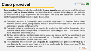 18
Caso provável
Caso provável: Caso que atende à definição de caso suspeito, que apresenta um OU mais dos
seguintes critérios listados abaixo, com investigação laboratorial de Monkeypox não realizada
ou inconclusiva e cujo diagnóstico de Monkeypox não pode ser descartado apenas pela
confirmação clínico-laboratorial de outro diagnóstico.
a) Exposição próxima e prolongada, sem proteção respiratória OU contato físico direto,
incluindo contato sexual, com parcerias múltiplas e/ou desconhecidas nos 21 dias anteriores
ao início dos sinais e sintomas; E/OU
b) Exposição próxima e prolongada, sem proteção respiratória, OU história de contato íntimo,
incluindo sexual, com caso provável ou confirmado de Monkeypox nos 21 dias anteriores ao
início dos sinais e sintomas; E/OU
c) Contato com materiais contaminados, como roupas de cama e banho ou utensílios de uso
comum, pertencentes a com caso provável ou confirmado de Monkeypox nos 21 dias
anteriores ao início dos sinais e sintomas; E/OU
d) Trabalhadores de saúde sem uso adequado de equipamentos de proteção individual (EPI)
com história de contato com caso provável ou confirmado de Monkeypox nos 21 dias
anteriores ao início dos sinais e sintomas.
 