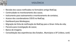45
• Revisão dos casos notificados no formulário antigo RedCap;
• Continuidade no monitoramento dos casos;
• Instrumento para rastreamento e monitoramento de contatos;
• Acesso dos coordenadores CIEVS no RedCap;
• Dashboard para Monkeypox;
• Migração da ficha de notificação do RedCap para o Sinan- linha da vida;
• Parceria para investigação de casos;
• Banco de imagens;
• Consolidação das experiências dos Estados , Municípios e DF (vídeos, card)
VIGILÂNCIA
 