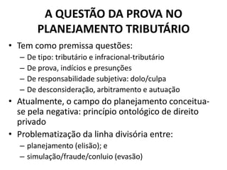 A QUESTÃO DA PROVA NO
PLANEJAMENTO TRIBUTÁRIO
• Tem como premissa questões:
– De tipo: tributário e infracional-tributário
– De prova, indícios e presunções
– De responsabilidade subjetiva: dolo/culpa
– De desconsideração, arbitramento e autuação
• Atualmente, o campo do planejamento conceitua-
se pela negativa: princípio ontológico de direito
privado
• Problematização da linha divisória entre:
– planejamento (elisão); e
– simulação/fraude/conluio (evasão)
 