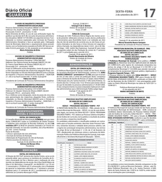 Diário Oficial
 GUARUJÁ
                                                                                                                                                    sextA-feiRA
                                                                                                                                                    2 de setembro de 2011
                                                                                                                                                                                                 17
              DiVisÃO De iNQUÉRitO e PROCessO                                               Guarujá, 22/08/2011.                             022            79        JOÃO PAULO DOS SANTOS LOSCHECK SILVA
                 ADMiNistRAtiVO DisCiPLiNAR                                               solange P. de A. Batista                           023            82        MARIA SANDREANE CRISTINA DE ARAÚJO CAVALCANTI
Processo Administrativo Disciplinar 38858/137739/2009                                   Diretor de Unidade de Ensino                         024            68        RAPHAEL RUFINO MATEUS DA SILVA
Defensor: Dra. Anelita Tamayose – OAB/SP 153.029.                                               Pront.: 07.409                               025            80        WELISON SANTOS BARROS
Processado: A.A.A.R – prontuário: 15.164.
                                                                                                                                             026            70        DANIEL LOPES RIBEIRO MENEZES
Maria Antonieta de Brito, no uso de suas atribuições legais, faz                         edital de Convocação
                                                                                                                                             027            76        RODRIGO RODRIGUES SANTOS
publicar sua decisão de fl. 88, nos autos do processo administra-   A Direção do CAEC Professora Márcia Regina dos Santos serve-
tivo disciplinar 38858/137739/2009, nos seguintes termos: “Con-     se do presente edital para convocar os pais, alunos, professores         028            84        VINICIUS CALDAS DE OLIVEIRA
siderando os motivos explanados pela Comissão de Processo           e funcionários para Assembléia Geral a ser realizada aos dois                        Guarujá, 01 de setembro de 2011
Administrativo Disciplinar e face ao opinado pelo I. Advogado       dias do mês de setembro do corrente ano, às oito horas em pri-                      Márcia terezinha Bueno sampaio
Geral do Município, determino o arquivamento deste procedi-         meira chamada e às oito horas e trinta minutos em segunda e                    Presidente da Comissão do Processo Seletivo
mento, com os fundamentos exarados ás fls.89 e 90”, face ao ser-    última chamada, nas dependências deste C.A.E.C. sito à AV. Má-
vidor A.A.A.R, prontuário 15.164, anotando-se em prontuário.        rio Daige, 1.440- Jardim Boa Esperança- Guarujá-SP, para tratar               PRefeitURA MUNiCiPAL De GUARUJÁ - PMG
                    Maria Antonieta de Brito                        da seguinte ordem do dia: Prestação de contas do 1º semestre                     PROCessO seLetiVO siMPLifiCADO
                              Prefeita                              de 2011 e prioridades para o ano de 2.012.                                           De ANÁLise De CURRÍCULOs
                                                                                     Guarujá, 29 de agosto de 2011.                                             eDitAL 002/2011
              DiVisÃO De iNQUÉRitO e PROCessO                                      Claudia Nascimento de Oliveira                                seDUC – PROGRAMA seGUNDO teMPO - Pst
                 ADMiNistRAtiVO DisCiPLiNAR                                           Diretor de Unidade de Ensino                                               HOMOLOGAÇÃO
Processo Administrativo Disciplinar 15956/589/2007                                            Pront.: 12.143                             A Prefeitura Municipal de Guarujá, torna pública a HOMO-
Defensor: Dra. Patricia Gomes de Andrade OAB/SP 274.169                                                                                  LOGAÇÃO do PROCESSO SELETIVO SIMPLIFICADO DE ANÁLISE
Dr. Francis David Mattos de Oliveira OAB/SP 262.377                                     administração                                    DE CURRÍCULOS, pelo regime de contratação temporária nos
Processada: D.A – prontuário: 10929.                                                                                                     termos do artigo n°.38 da Lei Municipal n°.2.145/1991 e Lei
Ficam os Defensores acima designados, ciente do prazo de cin-                           eDitAL De CONVOCAÇÃO                             Complementar Municipal n°.122/2009, para atender necessida-
co dias para apresentação das respectivas alegações finais, con-    A Prefeitura Municipal de Guarujá, Estado de São Paulo, através      de temporária de excepcional interesse público, objetivando o
forme estipulado no Decreto Municipal 6843/03 junto à Divisão       da Secretaria Municipal de Administração, convoca o Sr. JOÃO         Programa segundo tempo – Pst.
de Inquérito e Processo Administrativo Disciplinar – AGM.PGM        ViUDes CARRAsCO – prontuário nº 12.736, para que no prazo            O Processo Seletivo foi regido pelo edital 002/2011 – seDUC
2.1, sito à rua Azuil Loureiro 681, 5º andar, Guarujá/SP.           de três (3) dias úteis a contar da publicação deste, compareça       – PROGRAMA seGUNDO teMPO - Pst, para a função de MO-
                          fábio Lins Alves                          junto a Diretoria de Gestão de Pessoas (2º andar), desta Prefeitu-   NITOR PARA ATIVIDADES ESPORTIVAS, publicado no Diário Ofi-
 Presidente de Comissão de Processo Administrativo Disciplinar      ra Municipal, sito a Av. Santos Dumont, n° 640, Santo Antônio, no    cial do Município do dia 23/06/2011, com prorrogações publi-
                                                                    horário das 8 às 12 horas e das 15 às 18 horas para tomar ciência    cadas no Diário Oficial do Município nas datas de 16/07/2011 e
             DiVisÃO De iNQUÉRitO e PROCessO                        do que foi decidido no processo administrativo nº 29.587/2004.       10/08/2011.
                 ADMiNistRAtiVO DisCiPLiNAR                         O não comparecimento no prazo estipulado implicará em medi-                          Prefeitura Municipal de Guarujá
Processo Administrativo Disciplinar 25414/589/2007.                 das administrativas que a Administração Publica julgar legal.                            01 de setembro de 2011
Defensor: Dr. Glauber Silveira de Oliveira OABSP 236.654                              Guarujá, 31 de agosto de 2011.                                     MARiA ANtONietA De BRitO
Processado: P.R.S.S. – prontuário: 4358.                                                         Flavio Poli                                                         Prefeita
Fica o Defensor acima designado, ciente do prazo de cinco dias                         Diretor de Gestão de Pessoas
para apresentação das respectivas alegações finais, conforme                                                                                      PRefeitURA MUNiCiPAL De GUARUJÁ - PMG
estipulado no Decreto Municipal 6843/03 junto à Divisão de                       PROCessO seLetiVO siMPLifiCADO                                       PROCessO seLetiVO siMPLifiCADO
Inquérito e Processo Administrativo Disciplinar – AGM.PGM 2.1,                        De ANÁLise De CURRÍCULOs                                           De ANÁLise De CURRÍCULOs
sito à rua Azuil Loureiro 681, 5º andar, Guarujá/SP.                                       eDitAL 002/2011                                                 eDitAL De CONVOCAÇÃO
                         fábio Lins Alves                                   seDUC – PROGRAMA seGUNDO teMPO - Pst                                 seDUC – PROGRAMA seGUNDO teMPO - Pst
 Presidente de Comissão de Processo Administrativo Disciplinar      A PREFEITURA MUNICIPAL DE GUARUJÁ – PMG, através da Se-              A Prefeitura Municipal de Guarujá, Estado de São Paulo, através
                                                                    cretaria Municipal de Educação – SEDUC, no uso de suas atribui-      da Secretaria Municipal de Administração - ADM, convoca os
               desenvolvimento                                      ções legais, nos termos do Edital 002/2011 SEDUC PROGRAMA            candidatos abaixo relacionados, do Processo Seletivo Simplifi-
              social e cidadania                                    SEGUNDO TEMPO – PST, relativo ao Processo Seletivo Simplifica-       cado de Análise de Currículos, Edital 002/2011 – SEDUC – PRO-
                                                                                                                                         GRAMA SEGUNDO TEMPO – PST, para a função de MONitOR
                   eDitAL De CONVOCAÇÃO                             do de Análise de Currículos, torna público o resultado da análise
                                                                                                                                         PARA AtiViDADes esPORtiVAs, conforme o que foi decidido
O Conselho Municipal de Alimentação (COMseA) vem por meio           de currículos, e respectiva classificação.
                                                                                                                                         no Processo Administrativo nº. 24563/2011, para contratação:
desta, CONVOCAR a todos os Conselheiros de Direito Titulares        Os candidatos selecionados e classificados poderão ser contra-
                                                                                                                                         Classificação inscrição nº                       Nome
e Suplentes para participar da Reunião Ordinária, no dia 2 de       tados para as funções existentes, descritas neste Processo Sele-
                                                                                                                                             09             64        VICTOR HUGO CENZI
setembro 2011 às 8h30 em primeira chamada e às 9 horas em           tivo, existentes durante a validade deste processo seletivo, sob
segunda chamada, na Casa dos Conselhos, sito à Rua Montene-                                                                                  010            74        FERNANDA RIBEIRO MARINHO DE BRITO
                                                                    o regime da contratação temporária administrativa, nos termos
gro, 455 - Centro /Guarujá.                                                                                                                  011            66        ALDAIRTON SOUSA DA SILVA
                                                                    do artigo 38 da Lei Municipal n°. 2.145, de 21 de fevereiro de
Pauta da Reunião:                                                   1991, obedecendo aos interesses únicos e exclusivos da Admi-             012            67        DEMÉTRIUS FAZZANO GADIG DOS SANTOS
• Leitura e aprovação das atas anteriores;                          nistração Pública da Prefeitura Municipal de Guarujá, mais espe-         013            69        GUSTAVO LEMOS MELO VAL DE SOUZA
• Inscrição da Semana da Nutrição;                                  cificamente a Secretaria Municipal de Educação – SEDUC.                  014            75        DANIEL LOPES RIBEIRO MENEZES
• Elaboração da Programação do mês da Nutrição;                                                                                              015            83        ELISANGELA SANTOS DE OLIVEIRA
• Outros assuntos do interesse social.                                               MONitOR PARA AtiViDADes esPORtiVAs                      016            78        ZILMA DOS SANTOS
                Guarujá, 02 de setembro de 2011.                    Classificação Inscrição nº                       Nome                    017            77        RAPHAEL SOARES DOS SANTOS
                    Adriana de Moraes silva                                                                                                  018            65        GABRIELLA DOS SANTOS VALENÇA
                                                                         09            64        VICTOR HUGO CENZI
                            Presidente
                                                                        010            74        FERNANDA RIBEIRO MARINHO DE BRITO           019            81        MARCIO REIS DOS SANTOS
                                                                        011            66        ALDAIRTON SOUSA DA SILVA                    020            71        ANDRÉ LUIS MATEUS DE MENDONÇA
                      educação                                          012            67        DEMÉTRIUS FAZZANO GADIG DOS SANTOS          021            73        RAPHAEL BARBOSA DE FREITAS
                   eDitAL De CONVOCAÇÃO                                 013            69        GUSTAVO LEMOS MELO VAL DE SOUZA             022            79        JOÃO PAULO DOS SANTOS LOSCHECK SILVA
A Direção da E.M. Profª Jacirema dos Santos Fontes, serve-se do         014            75        DANIEL LOPES RIBEIRO MENEZES                023            82        MARIA SANDREANE CRISTINA DE ARAÚJO CAVALCANTI
presente edital para convocar os membros do Conselho de Es-             015            83        ELISANGELA SANTOS DE OLIVEIRA               024            68        RAPHAEL RUFINO MATEUS DA SILVA
cola e Associação de Pais e Mestres para a realização de uma            016            78        ZILMA DOS SANTOS                            025            80        WELISON SANTOS BARROS
reunião nas dependências da escola, sito à Rua Daniel Matos da          017            77        RAPHAEL SOARES DOS SANTOS
Silva nº 63, Morrinhos I, Guarujá/SP , em 06/09/2011, às 17h em         018            65        GABRIELLA DOS SANTOS VALENÇA
                                                                                                                                         Os candidatos acima mencionados, deverão comparecer no dia
1ª convocação e 17h30min em 2ª convocação, com a finalidade                                                                              05 e 06/08/2011, junto ao Recursos Humanos – (térreo - sala 33),
                                                                        019            81        MARCIO REIS DOS SANTOS
de apreciar os balancetes referentes ao 1º semestre e priorizar                                                                          desta Prefeitura Municipal, sito a Av. Santos Dumont, nº.640,
                                                                        020            71        ANDRÉ LUIS MATEUS DE MENDONÇA
despesas para o 2º semestre de 2011, considerando as verbas                                                                              bairro de Santo Antonio, das 12:00 hs às 16:00 hs, onde recebe-
                                                                        021            73        RAPHAEL BARBOSA DE FREITAS              rão as orientações para contratação.
referentes ao Convênio Municipal e PDDE.
 