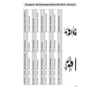 17.09.2011   16:00   SG Walbertsw.-Rengets.   SG Herdwangen     Sandgrubenstadion Walbertsw.

     24.09.2011   16:00   SG Herdwangen            SC Markdorf       Sportplatz Herdwangen

     01.10.2011   14:00   SV Meßkirch              SG Herdwangen     Sportplatz Rohrdorf

     08.10.2011   15:00   SG Meersburg             SG Herdwangen     Sommertal-Sportanl. Meersb.

     15.10.2011   16:00   SG Herdwangen            SG Hödingen       Sportplatz Herdwangen

     21.10.2011   18:00   SG Zizenhausen/Hi/Ho 2   SG Herdwangen     Birkenstaude-Platz Hoppet.

     29.10.2011   16:00   SG Herdwangen            FC Überlingen 2   Sportplatz Herdwangen

     05.11.2011   16:30   SV Bermatingen           SG Herdwangen     Markgrafen-Sportpl. Berm.

     12.11.2011   16:00   SG Herdwangen            SG Salem          Sportplatz Herdwangen
                                                                                                    B-Jugend – SG Herdwangen Saison 2011/2012 – Vorrunde




53
 