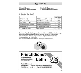 Tipp der Woche

Christof Braun                      Berthold Baumann
Ex-Vorstand Herdwanger SV           1. Vorstand Förderverein HSV


6. Spieltag Kreisliga B
                                                             C.B.   B.B.
SV Meßkirch 2                 FC Schwandorf/Worndorf 2       4:0    1:1
TSV Aach-Linz 2               FSG Zizenhausen/Hi./Ho. 2      3:0    8:0
TSV Stetten a.k.M. 2          FC Hohenfels-Sentenh.          2:1    2:0
SG Winterspüren-Zoznegg       SV Boll-Krumbach-Biet. 2       3:2    1:1
Herdwanger SV                 SC Buchh.-Alth.-Thalh. 2       2:1    4:1
FV Walbertsw.-Reng. 2         VfR Sauldorf                   0:1    1:3


Den letzten Tipp Der Woche gewann Bernhard Grimm mit 9:8 Übereinstimmungen
knapp vor seinem Vorstandskollegen Siegfried Bühler aus Zizenhausen:
Wer möchte den nächsten Tipp der Woche abgeben? Bitte melden bei
Thaddäus Saub, Tel. 07557/8633
Der Gewinner erhält beim nächsten Heimspiel ein Freigetränk!




                                                                          69
 