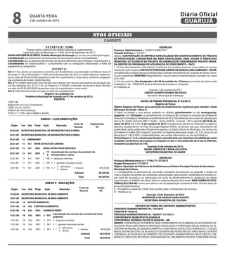 D E C R E T O N.º 10.580.
“Dispõe sobre a abertura de créditos adicionais suplementares,
autorizada pela Lei Municipal n.º 3.993, de 05 de dezembro de 2012.”
MARIA ANTONIETA DE BRITO, Prefeita Municipal de Guarujá, no uso de suas atribuições legais;
Considerando procedimentos de exoneração de funcionários desta municipalidade;
Considerando que as despesas decorrentes de tais procedimentos são eventuais e imprevisíveis; e,
Considerando ser imprescindível o cumprimento com as obrigações relacionadas à folha de
pagamento e congêneres;
D E C R E T A :
Art. 1.º Fica aberto ao orçamento corrente, com fundamento na autorização contida no inciso III
do artigo 7.º da Lei Municipal n.º 3.993, de 05 de dezembro de 2012, o crédito adicional suplemen-
tar no valor de R$ 48.520,00 (quarenta e oito mil e quinhentos e vinte reais), conforme programa-
ção constante do Anexo I deste Decreto.
Art. 2.º O crédito aberto por este Decreto será coberto com recurso proveniente da anulação par-
cial das dotações (art. 43, § 1.º, III, Lei Federal n.º 4.320/64), constantes do Anexo II deste Decreto,
no valor de R$ R$ 48.520,00 (quarenta e oito mil e quinhentos e vinte reais).
Art. 3.º Este Decreto entra em vigor na data de sua publicação.
Registre-se e publique-se.
Prefeitura Municipal de Guarujá, em 01 de outubro de 2013.
PREFEITA
“ORÇ”/dll
Registrado no Livro Competente
“GAB”, em 01.10.2013
Débora de Lima Lourenço
Pront. n.º 11.901, que o digitei e assino
gabinete
Atos oficiais










ANEXO I - SUPLEMENTAÇÕES
Órgão Fun Sub Progr Ação Descrição
Fonte de
Recurso
Suplementar
R$
25.00.00 SECRETARIA MUNICIPAL DE INFRAESTRUTURA E OBRAS
25.01.00 SECRETARIA MUNICIPAL DE INFRAESTRUTURA E OBRAS
25.01.00 15 URBANISMO
25.01.00 15 451 INFRA-ESTRUTURA URBANA
25.01.00 15 451 2001 INFRA-ESTRUTURAS ESPECIAIS
25.01.00 15 451 2001 2
19
8
manutenção dos serviços da secretaria de
infraestrutura e obras
25.01.00 15 451 2001 2 198 3 despesas correntes
25.01.00 15 451 2001 2 198 3 1 pessoal e encargos sociais
25.01.00 15 451 2001 2 198 3 1
9
0
aplicações
diretas
1 tesouro 48.520,00
Subtotal 48.520,00
Total 48.520,00







ANEXO II - ANULAÇÕES
Órgão Fun Sub Progr Ação Descrição
Fonte de
Recurso
Anular
R$
15.00.00 SECRETARIA MUNICIPAL DE MEIO AMBIENTE
15.01.00 SECRETARIA MUNICIPAL DE MEIO AMBIENTE
15.01.00 18 GESTÃO AMBIENTAL
15.01.00 18 542 CONTROLE AMBIENTAL
15.01.00 18 542 3001 GUARUJÁ VERDE
15.01.00 18 542 3001 2 047
manutenção dos serviços da secretaria de meio
ambiente
15.01.00 18 542 3001 2 047 3 despesas correntes
15.01.00 18 542 3001 2 047 3 1 pessoal e encargos sociais
15.01.00 18 542 3001 2 047 3 1
9
0
aplicações
diretas
1 tesouro 48.520,00
Subtotal 48.520,00










ANEXO I - SUPLEMENTAÇÕES
Órgão Fun Sub Progr Ação Descrição
Fonte de
Recurso
Suplementar
R$
25.00.00 SECRETARIA MUNICIPAL DE INFRAESTRUTURA E OBRAS
25.01.00 SECRETARIA MUNICIPAL DE INFRAESTRUTURA E OBRAS
25.01.00 15 URBANISMO
25.01.00 15 451 INFRA-ESTRUTURA URBANA
25.01.00 15 451 2001 INFRA-ESTRUTURAS ESPECIAIS
25.01.00 15 451 2001 2
19
8
manutenção dos serviços da secretaria de
infraestrutura e obras
25.01.00 15 451 2001 2 198 3 despesas correntes
25.01.00 15 451 2001 2 198 3 1 pessoal e encargos sociais
25.01.00 15 451 2001 2 198 3 1
9
0
aplicações
diretas
1 tesouro 48.520,00
Subtotal 48.520,00
Total 48.520,00







ANEXO II - ANULAÇÕES
Órgão Fun Sub Progr Ação Descrição
Fonte de
Recurso
Anular
R$
15.00.00 SECRETARIA MUNICIPAL DE MEIO AMBIENTE
15.01.00 SECRETARIA MUNICIPAL DE MEIO AMBIENTE
15.01.00 18 GESTÃO AMBIENTAL
15.01.00 18 542 CONTROLE AMBIENTAL
15.01.00 18 542 3001 GUARUJÁ VERDE
15.01.00 18 542 3001 2 047
manutenção dos serviços da secretaria de meio
ambiente
15.01.00 18 542 3001 2 047 3 despesas correntes
15.01.00 18 542 3001 2 047 3 1 pessoal e encargos sociais
15.01.00 18 542 3001 2 047 3 1
9
0
aplicações
diretas
1 tesouro 48.520,00
Subtotal 48.520,00
Total 48.520,00


DESPACHO
Processo Administrativo n.º 35602/125987/2011
Tomada de Preço n.º 02/2011
Objeto: CONTRATAÇÃO DE EMPRESA ESPECIALIZADA EM DESENVOLVIMENTO DE PROJETO
DE PARTICIPAÇÃO COMUNITÁRIA NA ÁREA HABITACIONAL PARA APOIAR A PREFEITURA
MUNICIPAL DO GUARUJÁ NO PROJETO DE URBANIZAÇÃO DENOMINADO PROJETO ENSEA-
DA DENTRO DO PROGRAMA DE ACELERAÇÃO DO CRESCIMENTO – PAC2.
I – À vista dos elementos informativos constantes do presente processo e em análise ao recurso
interposto pela empresa INSTITUTO PROFESOR AMARO DE ARAUJO LIMA SOBRINHO - INPRA,
considerando o parecer técnico acolhido pela Comissão Permanente de Licitação de Obras e Servi-
ços de Engenharia, INDEFIRO integralmente o recurso pelas fundamentações exaradas nos autos
às fls. 404.
II- Em ato contínuo, fica designado o dia 04 de outubro às 10 horas para sessão de abertura do
envelope n.º 02 – PROPOSTA junto à Diretoria de Compras e Licitações.
III- Publique-se.
Guarujá, 1 de outubro de 2013.
CARLOS ALBERTO SOARES DE SOUZA
Secretário Municipal de Habitação
EDITAL DE PREGÃO PRESENCIAL Nº 92/2013
Registro de Preços
Objeto: Registro de Preços para aquisição de medicamentos injetáveis para atender a Rede
Municipal de Saúde - Bloco A.
O Edital na íntegra e seus anexos poderão ser obtidos gratuitamente no site www.guaruja.
sp.gov.br, link“Licitações”, ou pessoalmente, na Diretoria de Compras e Licitações da Unidade de
Assuntos Estratégicos (mediante o recolhimento de R$ 25,00 referentes aos custos de reprodução)
sito na Av. Santos Dumont, 800, 1º andar – Santo Antônio - Guarujá – SP, no período de 03 de ou-
tubro de 2013 até o dia 14 de outubro de 2013. O pagamento deverá ser efetivado na Agência
Bancária situada dentro do Paço Municipal Raphael Vitiello. Os demais atos que necessitarem de
publicidade serão publicados oficialmente apenas no Diário Oficial do Município, nos termos da
Lei Federal nº 8.666/1993, artigo 6º, inciso XIII; Lei Orgânica Municipal, artigo 132, § 3º, inciso II e Lei
Municipal nº 2.812/2001, e disponibilizados, em caráter informativo, no site da Prefeitura.
Os Envelopes nº 1 e 2, a declaração de pleno atendimento aos requisitos de habilitação serão
recebidos na Diretoria de Compras e Licitações no dia 17 de outubrode 2013 até às 09h55m,
iniciando sua abertura às 10h.
Guarujá, 01de outubro de 2013.
DANIEL SIMÕES DE CARVALHO COSTA
SECRETÁRIO MUNICIPAL DE SAÚDE
DESPACHO
Processo Administrativo n.º: 17542/71137/2013
Pregão Presencial n.º 71/2013
Objeto: Aquisição de Poltronas de Auditório para o Teatro Procópio Ferreira da Secretaria
Municipal de Cultura.
I – Considerando os elementos de convicção constantes do processo em epígrafe, e tendo em
vista o relatório de análise dos protótipos apresentados pela licitante classificada em primeiro lu-
gar, onde foi apurada a sua reprovação, em razão do desatendimento às exigências do objeto
especificadas no ANEXO I do Edital, informo a desclassificação da licitante WKR COMÉRCIO E DIS-
TRIBUIÇÃO LTDA ME e torno sem efeito o ato de adjudicação constante à folha 104 dos autos do
processo administrativo.
II – Fica aberto o prazo de 3 (três) dias corridos para a interposição de recursos.
III – Publique-se.
Guarujá, 24 de Setembro de 2013
MARIÂNGELA DE ARAÚJO GAMA DUARTE
SECRETÁRIA MUNICIPAL DE CULTURA
EXTRATO DE TERMO DE CONTRATO ADMINISTRATIVO
CONTRATO ADMINISTRATIVO: Nº. 135/2013
CONVITE Nº 45/2013
PROCESSO ADMINISTRATIVO: Nº. 18264/71137/2013
CONTRATANTE: MUNICÍPIO DE GUARUJÁ
CONTRATADA: RODRIGO FELIPE SÉ SARAIVA – ME
OBJETO: CONTRATAÇÃO DE EMPRESA PARA FORNECIMENTO DE ALIMENTAÇÃO AOS EVENTOS RE-
ALIZADOS PELAS DIRETORIAS DE PROTEÇÃO SOCIAL BÁSICA E PROTEÇÃO SOCIAL ESPECIAL DA SE-
CRETARIA MUNICIPAL DE DESENVOLVIMENTO E ASSISTÊNCIA SOCIAL, PELO PERÍODO DE 12 (DOZE)
MESES, NO VALOR TOTAL DE R$ 60.920,70 (SESSENTA MIL NOVECENTOS E VINTE REAIS E SETENTA
CENTAVOS); AS DESPESAS DECORRENTES DO CONTRATO ADMINISTRATIVO DESTE OBJETO, COR-
RERÃO A CONTA DOS RECURSOS CONSIGNADOS NO ORÇAMENTO VIGENTE, CONFORME SEGUE:
quarta-feira
2 de outubro de 2013
8 GUARUJÁ
Diário Oficial
 
