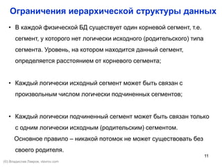 11
Ограничения иерархической структуры данных
• В каждой физической БД существует один корневой сегмент, т.е.
сегмент, у которого нет логически исходного (родительского) типа
сегмента. Уровень, на котором находится данный сегмент,
определяется расстоянием от корневого сегмента;
• Каждый логически исходный сегмент может быть связан с
произвольным числом логически подчиненных сегментов;
• Каждый логически подчиненный сегмент может быть связан только
с одним логически исходным (родительским) сегментом.
Основное правило – никакой потомок не может существовать без
своего родителя.
(©) Владислав Лавров, vlavrov.com
 