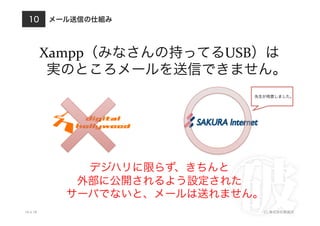 メール送信の仕組み
10.4.18 (C) 株式会社破滅派
10
Xampp（みなさんの持ってるUSB）は	
  
実のところメールを送信できません。
デジハリに限らず、きちんと	
  
外部に公開されるよう設定された	
  
サーバでないと、メールは送れません。
先生が用意しました。
 
