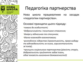 Педагогіка партнерства
Нова школа працюватиме на засадах
«педагогіки партнерства».
Основні принципи цього підходу:
•повага до особистості;
•доброзичливість і позитивне ставлення;
•довіра у відносинах та стосунках;
•діалог-взаємодія-взаємоповага;
•розподілене лідерство (проактивність, право вибору
та відповідальність за нього, горизонтальність
зв`язків);
•принципи соціального партнерства (рівність сторін,
добровільність прийняття зобов`язань,
обов`язковість виконання домовленостей)
 