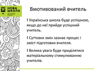 Вмотивований вчитель
! Українська школа буде успішною,
якщо до неї прийде успішний
учитель.
! Суттєвих змін зазнає процес і
зміст підготовки вчителя.
! Велика увага буде приділятися
матеріальному стимулюванню
учителів.
 