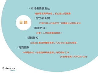 ．市場供需觀測站 
遊戲電玩異軍突起/ 松山線11月開通 
．家外新新聞 
27銀行投入行動支付/ 我國觀光成長冠全球 
．商圈新訊 
台東！人文與商機的驚奇！ 
．媒體新知 
Jumper 數位媒體螢幕車/ iChannel 直立式螢幕 
．亮點案例 
中華電信4G / 哈根達斯現採藍莓/ 海尼根新上市 
1028睫毛膏/ TOYOTA Yaris 
目錄 
 
