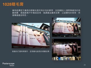1028睫毛膏 
23 
擁有超濃密又纖長的眼睫毛是所有女性的夢想，1028選在人潮聚集最多的信 
義商圈，透過創意戶外看版呈現，強調產品纖長效果，以話題性的表現，快 
速傳達產品特色。 
首創的打摺特殊製作，呈現睫毛超長的視覺效果。 
 