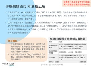 手機網購占比年底逾五成 
• 行動商務正夯，Yahoo奇摩9/15日發表「電子商務紫皮書」顯示，今年上半年台灣手機購物族推 
估已達238萬人，較去年大增三成，占整體網購族群比率達44.6%，預估最晚今年底，手機購物 
占比將跨過五成的「關鍵門檻」。 
• O2O（線上到線下，虛實整合）應用將成未來焦點。其一是掃QR Code 等條碼的「掃碼購物」， 
37.1%手機購物族認為提升消費誘因；第二是「活動折價券」，51.6%手機購物族認為折價券讓 
他們更想使用購物App；第三是LBS（地理區位）應用，有二到五成手機購物族回報期待各種結 
合商家定位等的消費服務。 
資料來源：經濟日報2014/09/16 8 
博士觀點 
• 手機購物縮短消費者購物流程，從搜尋到結 
帳一氣呵成，讓消費者在接觸到目標對象後 
便進行消費，掌握消費者動線，家外媒體在 
最後一哩發揮促購效果。 
• 未來透過LBS技術結合Big Data運算出「熱 
點」，並於適合地點投放廣告，可有效提升 
目標精確度。 
消費者行為與決策流程的變革 
家外媒體扮演絕對關鍵的角色 
 