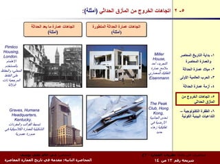‫٥- ٢ اﺗﺠﺎهﺎت اﻟﺨﺮوج ﻣﻦ اﻟﻤﺄزق اﻟﺤﺪاﺛﻲ )أﻣﺜﻠﺔ(:‬

                      ‫اﺗﺠﺎهﺎت ﻋﻤﺎرة ﻣﺎ ﺑﻌﺪ اﻟﺤﺪاﺛﺔ‬
                      ‫اﺗﺠﺎهﺎت ﻋﻤﺎرة ﻣﺎ ﺑﻌﺪ اﻟﺤﺪاﺛﺔ‬       ‫اﺗﺠﺎهﺎت ﻋﻤﺎرة اﻟﺤﺪاﺛﺔ اﻟﻤﺘﻄﻮرة‬
                                                         ‫اﺗﺠﺎهﺎت ﻋﻤﺎرة اﻟﺤﺪاﺛﺔ اﻟﻤﺘﻄﻮرة‬
                                  ‫)أﻣﺜﻠﺔ(‬
                                  ‫)أﻣﺜﻠﺔ(‬                            ‫)أﻣﺜﻠﺔ(‬
                                                                      ‫)أﻣﺜﻠﺔ(‬


  ‫‪Pimlico‬‬
 ‫,‪Housing‬‬
                                                                                                 ‫‪Miller‬‬         ‫١- ﺑﺪاﻳﺔ اﻟﺘﺎرﻳﺦ اﻟﻤﻌﺎﺻﺮ‬
 ‫.‪London‬‬
                                                                                                ‫,‪House‬‬
    ‫اﻻهﺘﻤﺎم‬                                                                                                        ‫واﻟﻌﻤﺎرة اﻟﻤﻌﺎﺻﺮة‬
                                                                                              ‫اﻟﺘﺠﺮﻳﺪ، أﺣﺪ‬
   ‫ﺑﺎﻟﻤﺴﺘﺨﺪم‬
                                                                                              ‫ﻣﻼﻣﺢ ﻋﻤﺎرة‬         ‫٢- ﻣﻴﻼد ﻋﻤﺎرة اﻟﺤﺪاﺛﺔ‬
‫اﻟﻤﺤﻠﻲ، واﻟﺤﻔﺎظ‬
                                                                                             ‫اﻟﺘﻔﻜﻴﻚ ﻟﻠﻤﻌﻤﺎري‬
  ‫ﻋﻠﻰ اﻟﻨﻘﺎط‬                                                                                                    ‫٣- اﻟﺤﺮب اﻟﻌﺎﻟﻤﻴﺔ اﻷوﻟﻰ‬
                                                                                              ‫‪Eisenmann‬‬
 ‫اﻟﻤﺮﺟﻌﻴﺔ ذات‬
     ‫اﻟﺪﻻﻟﺔ‬                                                                                                       ‫٤- أزﻣﺔ ﻋﻤﺎرة اﻟﺤﺪاﺛﺔ‬

                                                                                                                 ‫٥- اﺗﺠﺎهﺎت اﻟﺨﺮوج ﻣﻦ‬
                                                                                             ‫‪The Peak‬‬                  ‫اﻟﻤﺄزق اﻟﺤﺪاﺛﻲ‬
      ‫‪Graves, Humana‬‬                                                                         ‫‪Club, Hong‬‬
                                                                                               ‫,‪Kong‬‬            ‫٦- اﻟﻄﻔﺮة اﻟﺘﻜﻨﻮﻟﻮﺟﻴﺔ –‬
       ‫,‪Headquarters‬‬                                                                                             ‫اﻟﺘﺪاﻋﻴﺎت اﻟﺒﻴﺌﻴﺔ اﻟﻜﻮﻧﻴﺔ‬
        ‫.‪Kentucky‬‬                                                                             ‫ﺗﺤﺪى اﻟﺠﺎذﺑﻴﺔ‬
    ‫ﺗﺒﺴﻴﻂ اﻟﻘﻮاﻟﺐ واﻟﻤﻔﺮدات‬                                                                    ‫اﻷرﺿﻴﺔ ﻓﻲ‬
  ‫اﻟﺘﺸﻜﻴﻠﻴﺔ ﻟﻠﻌﻤﺎرة اﻟﻜﻼﺳﻴﻜﻴﺔ ﻓﻲ‬                                                               ‫ﺗﻔﻜﻴﻜﻴﺔ زهﺎء‬
         ‫ﺻﻮرة ﻋﺼﺮﻳﺔ‬                                                                                ‫ﺣﺪﻳﺪ‬




          ‫اﻟﻤﺤﺎﺿﺮ: د.م. ﺧﺎﻟﺪ ﻋﻠﻲ ﻳﻮﺳﻒ‬                                                     ‫ﻣﺤﺎﺿﺮات ﻓﻲ ﻣﺎدة: ﻧﻈﺮﻳﺎت اﻟﻌﻤﺎرة - ٣ع‬
  ‫اﻟﻤﺤﺎﺿﺮة اﻟﺜﺎﻧﻴﺔ: ﻣﻘﺪﻣﺔ ﻓﻲ ﺗﺎرﻳﺦ اﻟﻌﻤﺎرة اﻟﻤﻌﺎﺻﺮة‬                                              ‫ﺷﺮﻳﺤﺔ رﻗﻢ ٣١ ﻣﻦ ٤١‬
 