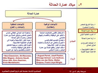‫٢- ﻣﻴﻼد ﻋﻤﺎرة اﻟﺤﺪاﺛﺔ‬

                                    ‫ﻋﻤﺎرة اﻟﺤﺪاﺛﺔ‬


           ‫اﻻﺗﺠﺎهﺎت اﻟﻌﺎﻃﻔﻴﺔ‬
            ‫اﻻﺗﺠﺎهﺎت اﻟﻌﺎﻃﻔﻴﺔ‬                          ‫اﻻﺗﺠﺎهﺎت اﻟﻮاﻗﻌﻴﺔ‬
                                                       ‫اﻻﺗﺠﺎهﺎت اﻟﻮاﻗﻌﻴﺔ‬                               ‫١- ﺑﺪاﻳﺔ اﻟﺘﺎرﻳﺦ اﻟﻤﻌﺎﺻﺮ‬
           ‫)اﺗﺠﺎهﺎت رد اﻟﻔﻌﻞ(‬
           ‫)اﺗﺠﺎهﺎت رد اﻟﻔﻌﻞ(‬                              ‫)اﻟﻌﻘﻼﻧﻴﺔ(‬
                                                           ‫)اﻟﻌﻘﻼﻧﻴﺔ(‬                                     ‫واﻟﻌﻤﺎرة اﻟﻤﻌﺎﺻﺮة‬
                                                                                                         ‫٢- ﻣﻴﻼد ﻋﻤﺎرة اﻟﺤﺪاﺛﺔ‬
     ‫• ﻣﻨﺎهﻀﺔ اﻟﻤﺪ اﻟﺤﺪاﺛﻲ اﻟﻌﻘﻼﻧﻲ اﻟﻤﺎدي‬        ‫• اﻻﺳﺘﻐﻼل اﻷﻗﺼﻰ ﻟﻺﻣﻜﺎﻧﻴﺎت اﻟﻤﺘﺎﺣﺔ‬
  ‫•اﻟﺤﻨﻴﻦ ﻟﻠﻤﺎﺿﻲ وﺗﻮﺛﻴﻖ اﻟﺼﻠﺔ ﺑﻴﻦ ﻋﻤﺎرة‬        ‫• اﻟﺘﺄآﻴﺪ ﻋﻠﻰ اﻟﻮﻇﻴﻔﺔ واﻻﻗﺘﺼﺎد واﻟﻬﻴﻜﻞ‬                  ‫٣- اﻟﺤﺮب اﻟﻌﺎﻟﻤﻴﺔ اﻷوﻟﻰ‬
             ‫اﻟﺤﺎﺿﺮ وﻋﻤﺎرة ﻣﺎ ﻗﺒﻞ اﻟﺤﺪاﺛﺔ‬                                   ‫اﻻﻧﺸﺎﺋﻲ‬                      ‫٤- أزﻣﺔ ﻋﻤﺎرة اﻟﺤﺪاﺛﺔ‬
       ‫• إﺣﻴﺎء اﻟﻄﺮز اﻟﻜﻼﺳﻴﻜﻴﺔ واﻟﻌﻮدة إﻟﻰ‬              ‫• إﺧﻀﺎع اﻟﺘﺼﻤﻴﻢ ﻟﻨﻈﺎم ﻗﻴﺎﺳﻲ‬
                                                                                          ‫اﻟﻤﺒﺎدئ‬
                ‫اﻟﻘﻮاﻟﺐ اﻟﺘﺸﻜﻴﻠﻴﺔ اﻟﻜﻼﺳﻴﻜﻴﺔ‬    ‫• اﻟﺘﺠﺮﻳﺪ واﻟﺘﺨﻠﻲ ﻋﻦ اﻟﺰﺧﺎرف واﻟﺤﻠﻴﺎت‬                    ‫٥- اﺗﺠﺎهﺎت اﻟﺨﺮوج ﻣﻦ‬
      ‫•اﻟﻌﻮدة ﻟﻠﻔﻦ ﺑﺎﻋﺘﺒﺎرﻩ ﻣﺮﺟﻌﻴﺔ ﻟﻠﺘﺸﻜﻴﻞ‬                  ‫وﻣﻔﺮدات اﻟﻄﺮز اﻟﻜﻼﺳﻴﻜﻴﺔ‬                           ‫اﻟﻤﺄزق اﻟﺤﺪاﺛﻲ‬
             ‫• اﻟﺸﻜﻞ ﻓﻮق اﻟﻮﻇﻴﻔﺔ واﻹﻧﺸﺎء‬        ‫• ﺣﺬف اﻟﺠﺬور وﻗﻄﻊ اﻟﺼﻠﺔ ﺑﻴﻦ ﻋﻤﺎرة‬
     ‫• اﻻهﺘﻤﺎم ﺑﺎﻟﺘﻔﺎﺻﻴﻞ واﻟﺒﻌﺪ ﻋﻦ اﻟﺘﺠﺮﻳﺪ‬                    ‫اﻟﺤﺎﺿﺮ وﻋﻤﺎرة اﻟﻤﺎﺿﻲ‬                     ‫٦- اﻟﻄﻔﺮة اﻟﺘﻜﻨﻮﻟﻮﺟﻴﺔ –‬
                                                                                                        ‫اﻟﺘﺪاﻋﻴﺎت اﻟﺒﻴﺌﻴﺔ اﻟﻜﻮﻧﻴﺔ‬

 ‫,‪• Neo-Classicism, Art-Nouveau‬‬               ‫,‪• August Perret, Josef Paxton‬‬
 ‫,‪Otto Wagner, Antonio Gaudi‬‬                  ‫,‪Chicago School: Luis Sullivan‬‬
                                              ‫‪Mies van der Rohe, Walter‬‬
                                                                                          ‫اﻟﺮواد‬
 ‫,‪Alvar Alto, Eero Saarinen‬‬
 ‫.‪Erick Mendelsohn‬‬                            ‫.‪Gropius, Frank Lloyd Wright‬‬


        ‫اﻟﻤﺤﺎﺿﺮ: د.م. ﺧﺎﻟﺪ ﻋﻠﻲ ﻳﻮﺳﻒ‬                                               ‫ﻣﺤﺎﺿﺮات ﻓﻲ ﻣﺎدة: ﻧﻈﺮﻳﺎت اﻟﻌﻤﺎرة - ٣ع‬
‫اﻟﻤﺤﺎﺿﺮة اﻟﺜﺎﻧﻴﺔ: ﻣﻘﺪﻣﺔ ﻓﻲ ﺗﺎرﻳﺦ اﻟﻌﻤﺎرة اﻟﻤﻌﺎﺻﺮة‬                                        ‫ﺷﺮﻳﺤﺔ رﻗﻢ ٤ ﻣﻦ ٤١‬
 