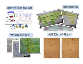 現有公司商業模式描繪        創新個案討論




世界咖啡館成果之一    美國工作坊成果之一
 