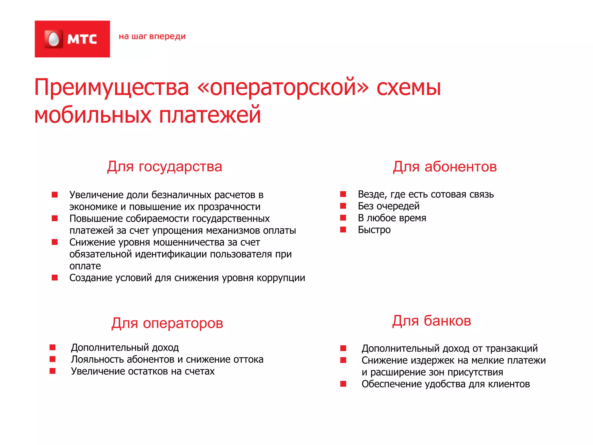 Преимущества «операторской» схемы
мобильных платежей

          Для государства                                 Для абонентов
  Увеличение доли безналичных расчетов в           Везде, где есть сотовая связь
  экономике и повышение их прозрачности            Без очередей
  Повышение собираемости государственных           В любое время
  платежей за счет упрощения механизмов оплаты     Быстро
  Снижение уровня мошенничества за счет
  обязательной идентификации пользователя при
  оплате
  Создание условий для снижения уровня коррупции



          Для операторов                                  Для банков
   Дополнительный доход                            Дополнительный доход от транзакций
   Лояльность абонентов и снижение оттока          Снижение издержек на мелкие платежи
   Увеличение остатков на счетах                   и расширение зон присутствия
                                                   Обеспечение удобства для клиентов
 