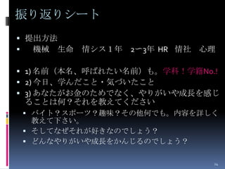 振り返りシート
 提出方法
  機械 生命   情シス１年 2〜3年 HR 情社 心理

 1) 名前（本名、呼ばれたい名前）も。学科！学籍No.!
 2) 今日、学んだこと・気づいたこと
 3) あなたがお金のためでなく、やりがいや成長を感じ
 ることは何？それを教えてください
 バイト？スポーツ？趣味？その他何でも。内容を詳しく
  教えて下さい。
 そしてなぜそれが好きなのでしょう？
 どんなやりがいや成長をかんじるのでしょう？

                             24
 