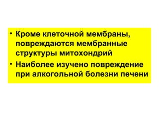 • Кроме клеточной мембраны,
  повреждаются мембранные
  структуры митохондрий
• Наиболее изучено повреждение
  при алкогольной болезни печени
 
