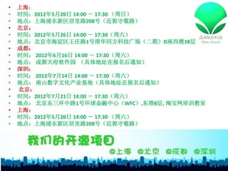 •   上海：
•   时间：2012年5月20日 14:00 － 17:30 （周日）
•   地点：上海浦东新区居里路208号（近郭守敬路）
•   北京：
•   时间：2012年5月26日 14:00 － 17:30（周六）
•   地点：北京市海淀区王庄路1号清华同方科技广场（二期）D座西楼18层
•   成都：
•   时间： 2012年6月16日 14:00 － 17:30（周六）
•   地点： 成都天府软件园 （具体地址在报名后通知）
•   深圳：
•   时间： 2012年7月14日 14:00 － 17:30（周六）
•   地点： 南山数字文化产业基地（具体地址在报名后通知）
•   北京：
•   时间：2012年7月21日 14:00 － 17:30（周六）
•   地点： 北京东三环中路1号环球金融中心（WFC）,东塔8层, 淘宝网培训教室
•   上海：
•   时间：2012年5月20日 14:00 － 17:30 （周六）
•   地点：上海浦东新区居里路208号（近郭守敬路）
 