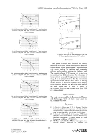 ACEEE International Journal on Communication, Vol 1, No. 2, July 2010


                                                                                        100                                                                                                                                                           -1
                                                                                                                                                                    CF-1                                                       10
                                                                                                                                                                    CF-2
                                                                                                                                                                    CF-3
                                                                                        10-1                                                                        CF-4

                                                                                                                                                                                                                                                      -2
                                                                                                                                                                                                                               10




                                                                Probability of error
                                                                                                -2
                                                                                        10




                                                                                                                                                                                                        Bit Error Rate (BER)
                                                                                                -3
                                                                                        10                                                                                                                                                            -3
                                                                                                                                                                                                                               10


                                                                                        10-4


                                                                                                                                                                                                                                                      -4
                                                                                                                                                                                                                               10
                                                                                        10
                                                                                                -5                                                                                                                                                                                                                                    CF-1
                                                                                                     0           5        10         15            20    25              30                                                                                                                                                           CF-2
                                                                                                                                  SNR in dB
                                                                                                                                                                                                                                                                                                                                      CF-3
                                                                                                                                                                                                                                                                                                                                      CF-4

 Fig.2(b) Comparison of BER of four different CFs based nonlinear                                                                                                                                                              10-5
                                                                                                                                                                                                                                                           6            8       10         12       14        16       18        20          22
                                                                                                                                                                                                                                                                                          Eigen value ratio (EVR)
 equalizers with [.209, .995, .209] as channel coefficients and NL2
                          with 50% outliers                                                                                                                                                                                                                                                  (a)        NL1
                                                                                                                                                                                                                                                               -1
                                                                                                                                                                                                                                                           10

                                                                   0
                                          10
                                                                                                                                                                  CF-1
                                                                                                                                                                  CF-2
                                                                                                                                                                  CF-3
                                                                   -1
                                          10                                                                                                                      CF-4
                                                                                                                                                                                                                                                           10-2




                                                                                                                                                                                                                               Bit Error Rate (BER)
               Probability of error




                                                                   -2
                                          10




                                          10-3
                                                                                                                                                                                                                                                               -3
                                                                                                                                                                                                                                                           10

                                                                   -4
                                          10
                                                                                                                                                                                                                                                                                                                                           CF-1
                                                                                                                                                                                                                                                                                                                                           CF-2
                                                                                                                                                                                                                                                                                                                                           CF-3
                                                                   -5
                                          10                                                                                                                                                                                                                                                                                               CF-4
                                                                                   0                     5           10           15          20        25           30                                                                                        -4
                                                                                                                                                                                                                                                           10
                                                                                                                               SNR in dB                                                                                                                            6       8        10       12       14        16         18        20          22
                                                                                                                                                                                                                                                                                             Eigen value ratio (EVR)

 Fig.2(c) Comparison of BER of four different CFs based nonlinear
 equalizers with [.260, .930, .260] as channel coefficients and NL1                                                                                                                                                       (b) NL2
                          with 50% outliers                                                                                                                                                           Fig. 3 Effect of EVR on the BER performance of the four
                                                                                                                                                                                                           CF-based equalizers in presence of 50% outliers
                                                                                       100
                                                                                                                                                                    CF-1
                                                                                                                                                                    CF-2

                                                                                       10-1
                                                                                                                                                                    CF-3
                                                                                                                                                                    CF-4                                                                                                         CONCLUSION
                                                    Probability of error




                                                                                            -2
                                                                                       10

                                                                                                                                                                                               This paper examines and evaluates the learning
                                                                                                                                                                                            capability of different robust norms of error when the
                                                                                            -3
                                                                                       10




                                                                                       10
                                                                                            -4
                                                                                                                                                                                            training signal (of the inverse model) is contaminated
                                                                                       10
                                                                                            -5
                                                                                                 0           5            10         15            20        25            30
                                                                                                                                                                                            with strong outliers. To facilitate such evaluation
                                                                                                                                  SNR in dB
                                                                                                                                                                                            different nonlinear plants with varying EVRs are used.
Fig. 2(d) Comparison of BER of four different CFs based nonlinear                                                                                                                           The population based BFO learning tool is developed
 equalizers with [.260, .930, .260] as channel coefficients and NL2                                                                                                                         to minimize four different norms. The robustness of
                          with 50% outliers                                                                                                                                                 these norms is assessed through extensive simulation
                                                                                       10
                                                                                            0
                                                                                                                                                                                            study. It is in general observed that the conventional
                                                                                                                                                                    CF-1
                                                                                                                                                                    CF-2
                                                                                                                                                                    CF-3
                                                                                                                                                                                            squared error norm (CF2) is least robust to develop
                                                                                       10
                                                                                            -1
                                                                                                                                                                    CF-4
                                                                                                                                                                                            inverse models of nonlinear systems under varying
                                                                                                                                                                                            noise conditions whereas the Wilcoxon norm (CF1) is
                                                     Probability of error




                                                                                            -2
                                                                                       10



                                                                                            -3
                                                                                                                                                                                            the most robust one. In terms of quality of
                                                                                                                                                                                            performance, the norms are grouped in the order CF1,
                                                                                       10




                                                                                       10
                                                                                            -4
                                                                                                                                                                                            CF3, CF4 and CF2.
                                                                                            -5
                                                                                       10
                                                                                                 0           5            10         15            20        25            30
                                                                                                                                  SNR in dB
                                                                                                                                                                                                                                                                            ACKNOWLEDGMENT
Fig. 2(e) Comparison of BER of four different CFs based nonlinear
 equalizers with [.304, .903, .304] as channel coefficients and NL1                                                                                                                         The work was supported by the Department of Science
                          with 50% outliers                                                                                                                                                 and Technology, Govt. of India under grant no.
                                                                                                                                                                                            SR/S3/EECE/065/2008.
                                                                                        0
                                                                            10
                                                                                                                                                                     CF-1


                                                                                        -1
                                                                                                                                                                     CF-2
                                                                                                                                                                     CF-3
                                                                                                                                                                     CF-4
                                                                                                                                                                                                                                                                                 REFERENCES
                                                                            10



                                                                                                                                                                                            [1] S. Siu, G. J. Gibson and C. F. N. Cowan, “Decision
                                      Probability of error




                                                                                        -2
                                                                            10

                                                                                                                                                                                                feedback equalization using neural network structures
                                                                                                                                                                                                and performance comparison with standard architecture,
                                                                                        -3
                                                                            10




                                                                            10
                                                                                        -4                                                                                                      Proc. of Inst. Elect. Eng., vol. 137, pp. 221-225, 1990.
                                                                                                                                                                                            [2] S. Chen, G. J. Gibson, C. F. N. Cowan and P. M. Grant,
                                                                                                                                                                                                “Adaptive equalization of finite nonlinear channels using
                                                                                        -5
                                                                            10
                                                                                             0               5            10         15            20        25             30
                                                                                                                                  SNR in dB

                                                                                                                                                                                                multilayer perceptrons, EURASIP Journal of Signal
 Fig.2(f) Comparison of BER of four different CFs based nonlinear                                                                                                                               Processing, vol. 20, pp. 107-119, 1990.
 equalizers with [.304, .903, .304] as channel coefficients and NL2                                                                                                                         [3] M. Meyer and G. Pfeiffer, “Multilayer perceptron based
                          with 50% outliers                                                                                                                                                     decision feedback equalizers for channels with


                                                                                                                                                                                       10
© 2010 ACEEE
DOI: 01.ijcom.01.02.02
 