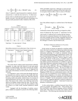 ACEEE International Journal on Network Security, Vol 1, No. 1, Jan 2010



            6             6                                                       S360, and S3600, respectively. Although we cannot provide
    S 6 = ∑ Di = ∑ Vi × Δti = 546.667 miles,                           (3)        an analytical formula for calculation of the limit value of Sn,
           i =1       i =1                                                        we can guess, based on table 2, that it is close to 550 miles:
where Vi stands for a speed measured at a randomly selected                                           n               n
moment time ti* inside the time interval Δti,. To obtain more                     lim S n = lim ∑ Di = lim ∑ Vi × Δti ≈ 550
                                                                                  n→∞          n → ∞ i =1      n → ∞ i =1
precise result, we should measure speed more and more fre-                                                                                     (4)
quently, say each 1 min, then each 30 sec etc. By doing so, we
may get results presented in table 2 labeled as S60, S120,

                                                                                  tion of the definite integral as a uniform limit of the Riemann
                                                                                  sum:
                    TABLE 1                                                                b                               N
            CALCULATION OF A DISTANCE
                                                                                  T
                                                                                           ∫   f ( x)dx =      lim
                                                                                                            max |Δx |→0
                                                                                                                        ∑ f ( xi* )Δxi .      (5)
Measure-     Time                   Speed,     Distance,                                   a                      i       i =0
ment         interval, min          mph        miles                              Uniformness means that the limit does not depend on either
     i             Δti                Vi              Di=Vi×Δti
    1               10               500         10/60×500=83.333                 choice of subintervals    Δxi or points xi* inside them. For Cal-
    2               10               540         10/60×540=90.000
    3               10               560         10/60×560=93.333
                                                                                  culus needs it is sufficient just to mention that the uniform
    4               10               490         10/60×490=81.667                 limit exists for continuous functions or for functions with no
    5               10               610         10/60×610=101.667                more than countable amount of jumps. Integrable functions are
    6               10               580         10/60×580=96.667                 necessary bounded. The necessary and sufficient conditions,
  Total              60                               546.667                     the Lebesgue’s Criterion, may be found in [34].

Total time = 1 h, time interval = 10 min
                                                                                          III. OBJECT-ORIENTED APPROACH IN TEACHING
                               TABLE 2                                                                   MATHEMATICS
SPEED MEASUREMENTS WITH DIFFERENT TIME INTERVALS                                      In this section we present an approach to teaching mathe-
     Time interval            Number of mea-   Distance estimation,               matics that may be attractive for engineering students pursuing
                                surements             miles                       careers in computer programming, information systems, or
                                                                                  information technology. It is based on similarities between
           Δti                        n                 Sn                        object-oriented programming and mathematical systems. Ob-
           10 min                       6               546.667
           1 min                        60              552.345
                                                                                  ject-oriented programming (OOP) operates with "classes" and
           30 sec                      120              549.678                   "objects" that possess "properties" and are subject to opera-
           10 sec                      360              550.204                   tions called "methods". In this section, a “method” means a set
           1 sec                       3600             549.943                   of computer statements aimed at performing a certain task. A
    Total time = 1 h.                                                             class defines general characteristics of a problem in question,
                                                                                  while object represents a particular instance of a class. We will
    This means that by making speed measurements infinitely                       show below that a particular area of Mathematics follows
frequently, we make each time interval Δti, and each partial                      same rules that the OOP does. This area of Mathematics stu-
distance Di infinitesimally small while increasing the number                     dies abstract mathematical systems. The last are triples con-
of time intervals to infinity. By doing so, we approach the                       taining a set of elements, a set of axioms related to the ele-
exact value of the distance covered in one hour that is close to                  ments, and a set of operations over the elements of the system.
550 miles.                                                                        Mapping of OOP class on a mathematical system is this. Ob-
    It is important to stress at this point that though speed can                 jects of a class are considered as a set of elements of a mathe-
be measured at an arbitrary moment of time inside each time                       matical system; properties, as its axioms, and methods, as ap-
interval, it will not affect the final result. With time intervals                plicable operations. With these similarities in mind, OOP may
becoming smaller and smaller, random choice of a moment of                        serve as a "tangible" tool for presentation of abstract mathe-
speed measurement will not have any impact on the total dis-                      matical systems. Suggested approach is useful for engineers in
tance. The reason is this: within a very small time interval the                  view of development of computer – based proof in pure ma-
speed of an airplane remains about the same. The time inter-                      thematics, as discussed in [35].
vals need not be necessarily equal; the only condition is that
all of them, or, in other words, maximal subinterval, should                           In this section below, a problem borrowed from [36] is
vanish.                                                                           used as an example. The problem is this. "Three friends, Jane,
           Equipped with the knowledge of uniform conver-                         Rose and Phyllis, study different languages and have different
gence, students are prepared to perceive the following defini-                    career goals. One wants to be an artist, one a doctor, and the
                                                                                  third a lawyer. <The following rules determine their choices:>
                                                                              8

© 2010 ACEEE
DOI: 01.ijns.01.01.02
 