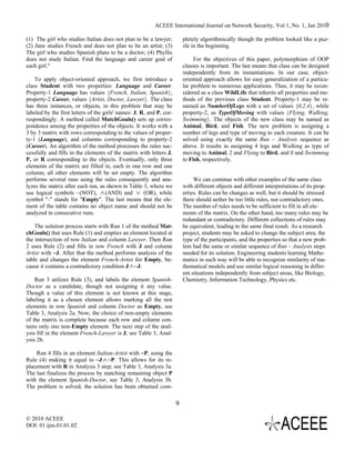 ACEEE International Journal on Network Security, Vol 1, No. 1, Jan 2010

(1) The girl who studies Italian does not plan to be a lawyer;            pletely algorithmically though the problem looked like a puz-
(2) Jane studies French and does not plan to be an artist; (3)            zle in the beginning.
The girl who studies Spanish plans to be a doctor; (4) Phyllis
does not study Italian. Find the language and career goal of                   For the objectives of this paper, polymorphism of OOP
each girl."                                                               classes is important. The last means that class can be designed
                                                                          independently from its instantiations. In our case, object-
    To apply object-oriented approach, we first introduce a               oriented approach allows for easy generalization of a particu-
class Student with two properties: Language and Career.                   lar problem to numerous applications. Thus, it may be recon-
Property-1 Language has values {French, Italian, Spanish},                sidered as a class WildLife that inherits all properties and me-
property-2 Career, values {Artist, Doctor, Lawyer}. The class             thods of the previous class Student. Property-1 may be re-
has three instances, or objects, in this problem that may be              named as NumberOfLegs with a set of values {0,2,4}, while
labeled by the first letters of the girls' names: J, R, and P, cor-       property-2, as TypeOfMoving with values {Flying, Walking,
respondingly. A method called MatchGoals() sets up corres-                Swimming}. The objects of the new class may be named as
pondence among the properties of the objects. It works with a             Animal, Bird, and Fish. The new problem is assigning a
3 by 3 matrix with rows corresponding to the values of proper-            number of legs and type of moving to each creature. It can be
ty-1 (Language), and columns corresponding to property-2                  solved using exactly the same Run – Analysis sequence as
(Career). An algorithm of the method processes the rules suc-             above. It results in assigning 4 legs and Walking as type of
cessfully and fills in the elements of the matrix with letters J,         moving to Animal, 2 and Flying to Bird, and 0 and Swimming
P, or R corresponding to the objects. Eventually, only three              to Fish, respectively.
elements of the matrix are filled in, each in one row and one
column; all other elements will be set empty. The algorithm
performs several runs using the rules consequently and ana-                    We can continue with other examples of the same class
lyzes the matrix after each run, as shown in Table 3, where we            with different objects and different interpretations of its prop-
use logical symbols ~(NOT), ∧ (AND) and ∨ (OR), while                     erties. Rules can be changes as well, but it should be stressed
symbol "-" stands for "Empty". The last means that the ele-               there should nether be too little rules, nor contradictory ones.
ment of the table contains no object name and should not be               The number of rules needs to be sufficient to fill in all ele-
analyzed in consecutive runs.                                             ments of the matrix. On the other hand, too many rules may be
                                                                          redundant or contradictory. Different collections of rules may
    The solution process starts with Run 1 of the method Mat-             be equivalent, leading to the same final result. As a research
chGoals() that uses Rule (1) and empties an element located at            project, students may be asked to change the subject area, the
the intersection of row Italian and column Lawyer. Then Run               type of the participants, and the properties so that a new prob-
2 uses Rule (2) and fills in row French with J and column                 lem had the same or similar sequence of Run – Analysis steps
Artist with ~J. After that the method performs analysis of the            needed for its solution. Engineering students learning Mathe-
table and changes the element French-Artist for Empty, be-                matics in such way will be able to recognize similarity of ma-
cause it contains a contradictory condition J ∧ ~J.                       thematical models and use similar logical reasoning in differ-
                                                                          ent situations independently from subject areas, like Biology,
    Run 3 utilizes Rule (3), and labels the element Spanish-              Chemistry, Information Technology, Physics etc.
Doctor as a candidate, though not assigning it any value.
Though a value of this element is not known at this stage,
labeling it as a chosen element allows marking all the rest
elements in row Spanish and column Doctor as Empty, see
Table 3, Analysis 2a. Now, the choice of non-empty elements
of the matrix is complete because each row and column con-
tains only one non-Empty element. The next step of the anal-
ysis fill in the element French-Lawyer is J; see Table 3, Anal-
ysis 2b.

    Run 4 fills in an element Italian-Artist with ~P, using the
Rule (4) making it equal to ~J ∧ ~P. This allows for its re-
placement with R in Analysis 3 step; see Table 3, Analysis 3a.
The last finalizes the process by matching remaining object P
with the element Spanish-Doctor, see Table 3, Analysis 3b.
The problem is solved; the solution has been obtained com-

                                                                      9

© 2010 ACEEE
DOI: 01.ijns.01.01.02
 