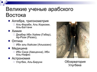 Великие ученые арабского Востока Алгебра, тригонометрия Аль-Фараби, Аль-Хорезми, Аль-Баттани Химия  Джабир Ибн Хайям (Гебер), Ар-Рази (Разес),  Оптика  Ибн аль-Хайсам (Альхазен)  Медицина Ибн Сина (Авеценна), Ибн Аль-Нафис Астрономия  Улугбек, Аль-Бируни Обсерватория Улугбека 
