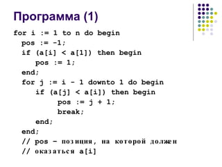 Программа  (1) for i := 1 to n do begin pos := -1; if (a[i] < a[1]) then begin pos := 1; end; for j := i - 1 downto 1 do begin if (a[j] < a[i]) then begin pos := j  + 1 ; break; end; end; // pos –  позиция, на которой должен  //  оказаться  a[i] 