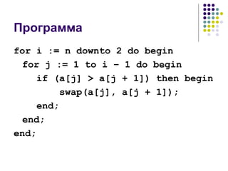 Программа for i := n downto 2 do begin for j := 1 to i – 1 do begin if (a[j] > a[j + 1]) then begin swap(a[j], a[j + 1]); end; end; end; 