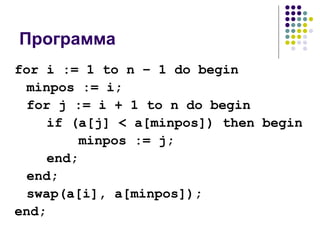 Программа for i := 1 to n – 1 do begin minpos := i; for j := i + 1 to n do begin if (a[j] < a[minpos]) then begin minpos := j; end; end; swap(a[i], a[minpos]); end; 